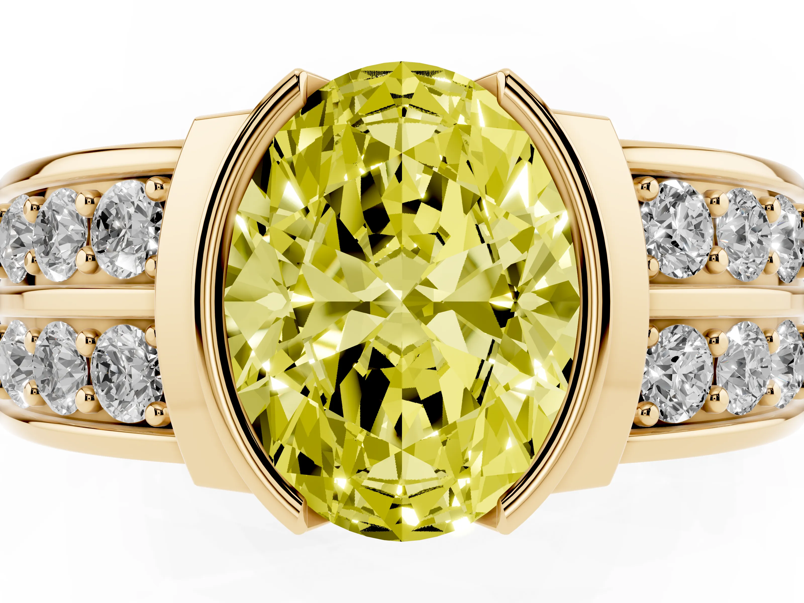 Fancy Yellow Oval Cut Diamond Wide Channel Set Band Ring Set in Yellow gold with Bezel Setting