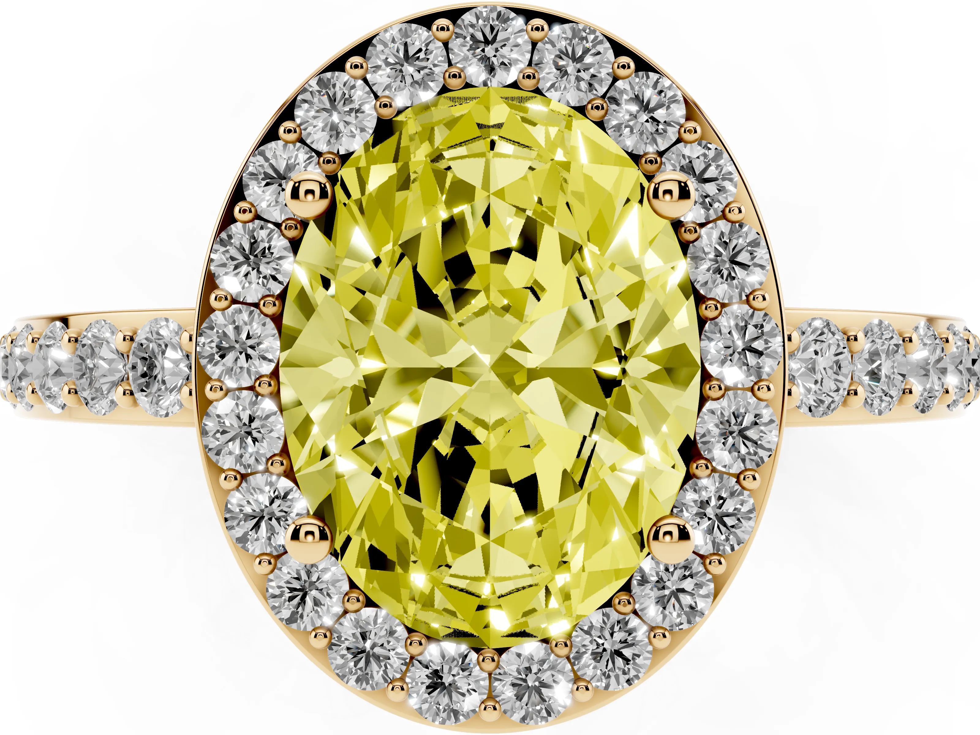 Fancy Yellow Oval Cut Diamond Halo Ring Set in Yellow gold with Pavé-Setting Band and Open Prong Center