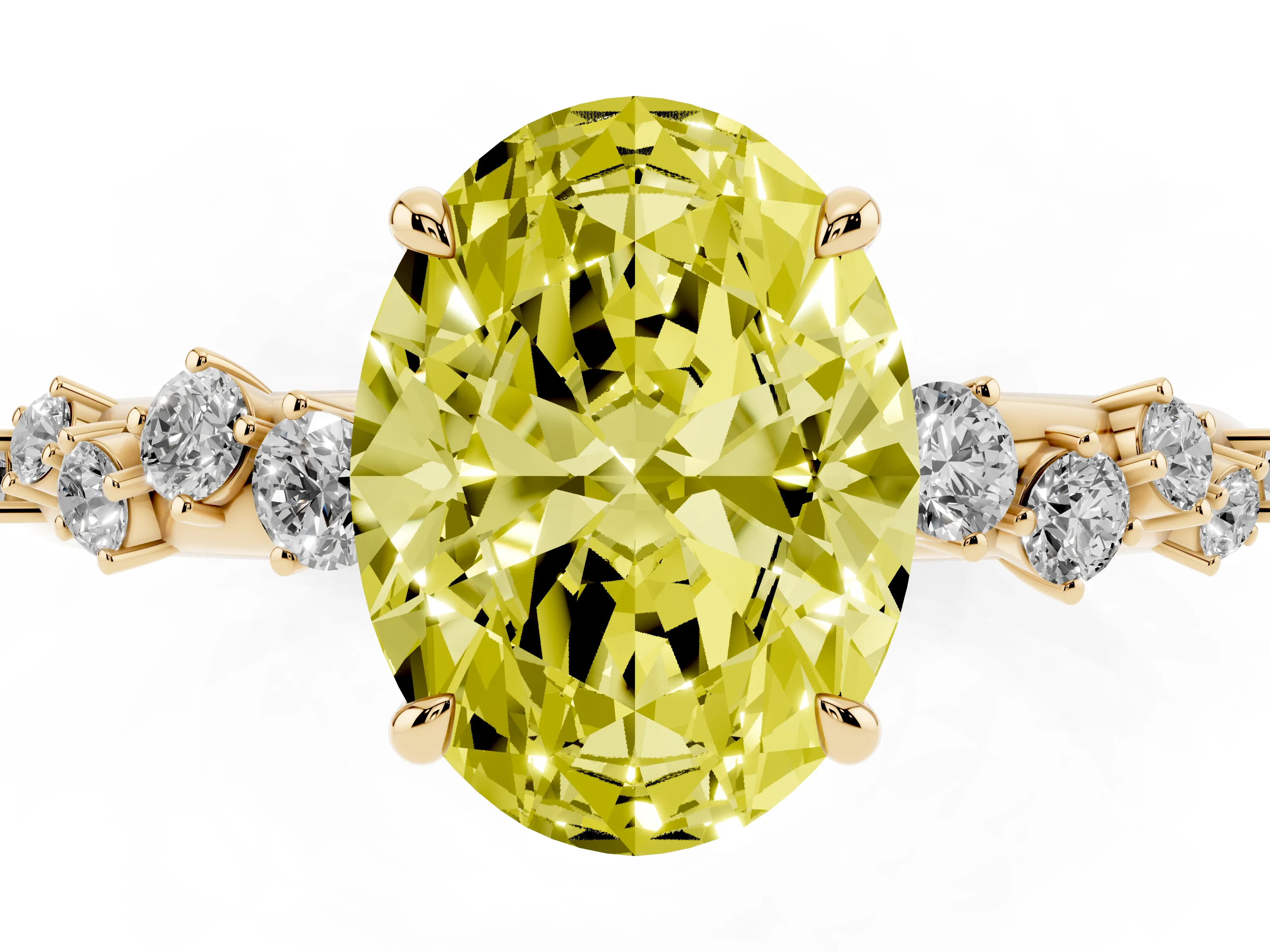 Fancy Yellow Oval Cut Diamond Cluster Solitaire Ring Set in Yellow gold with Prong Setting