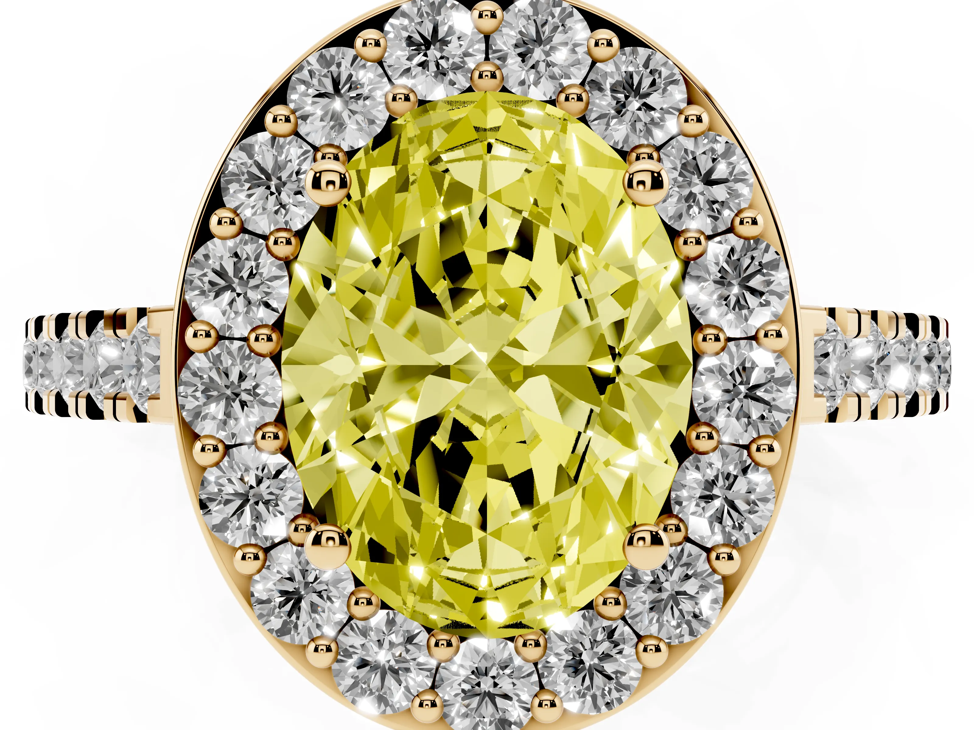 Fancy Yellow Oval Cut Diamond Halo Ring Set in Yellow gold with Round Pavé Split Shank and Prong Setting
