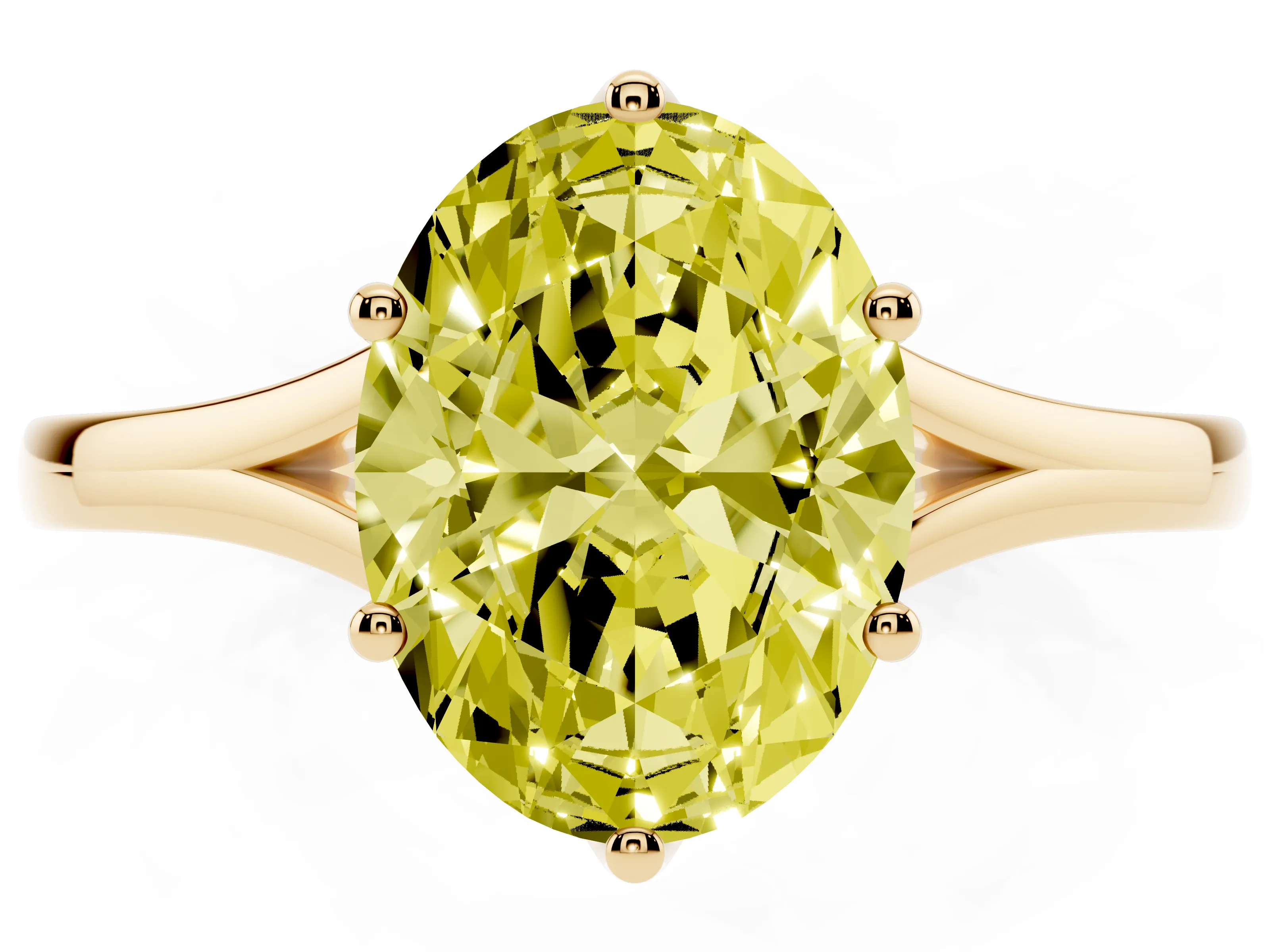 Fancy Yellow Oval Cut Diamond Solitaire Ring Set in Yellow gold with Polished Tapered Band and Prong Setting