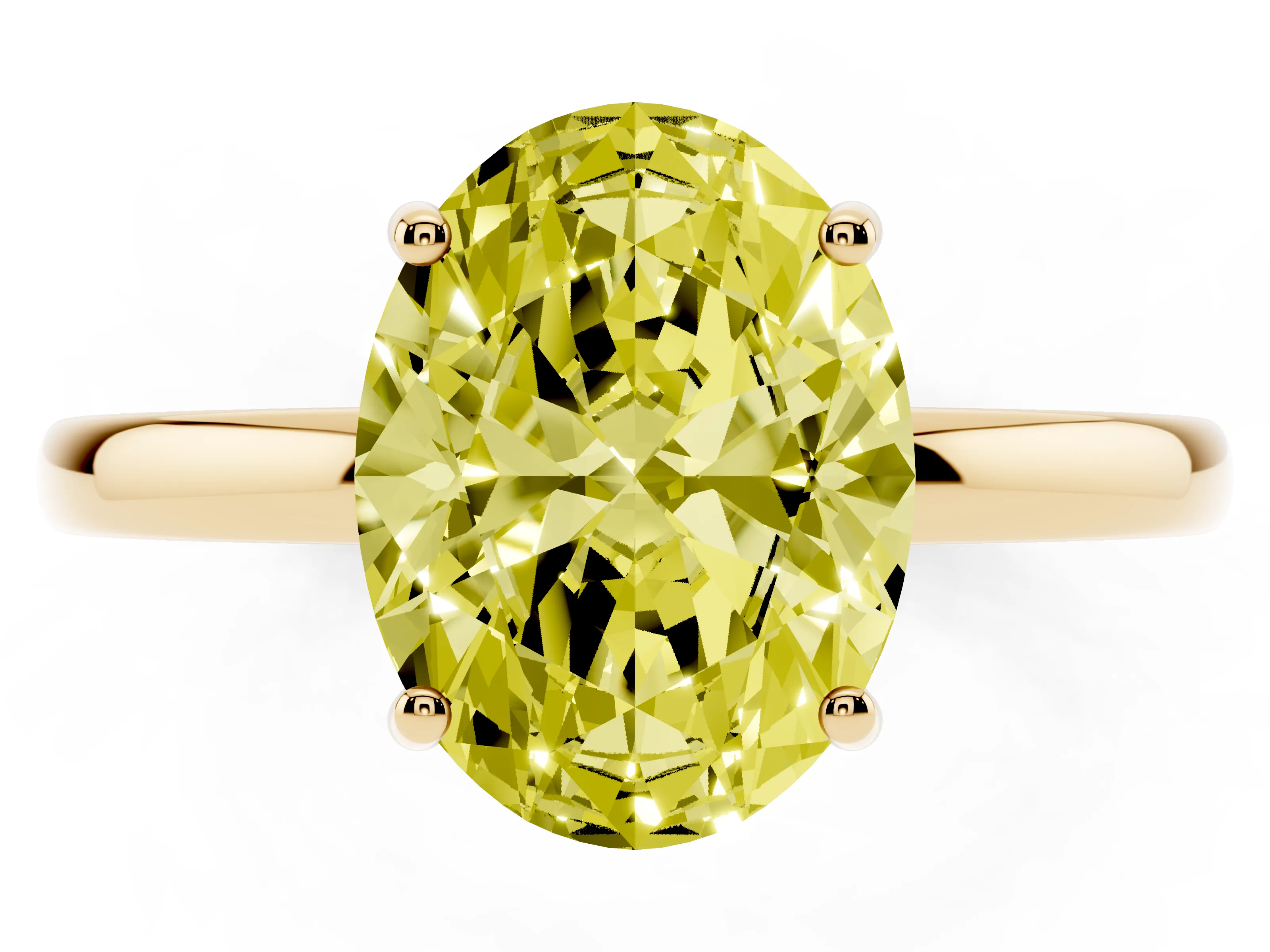 Fancy Yellow Oval Cut Diamond Solitaire Ring Set in Yellow gold with Plain Band and Prong Setting