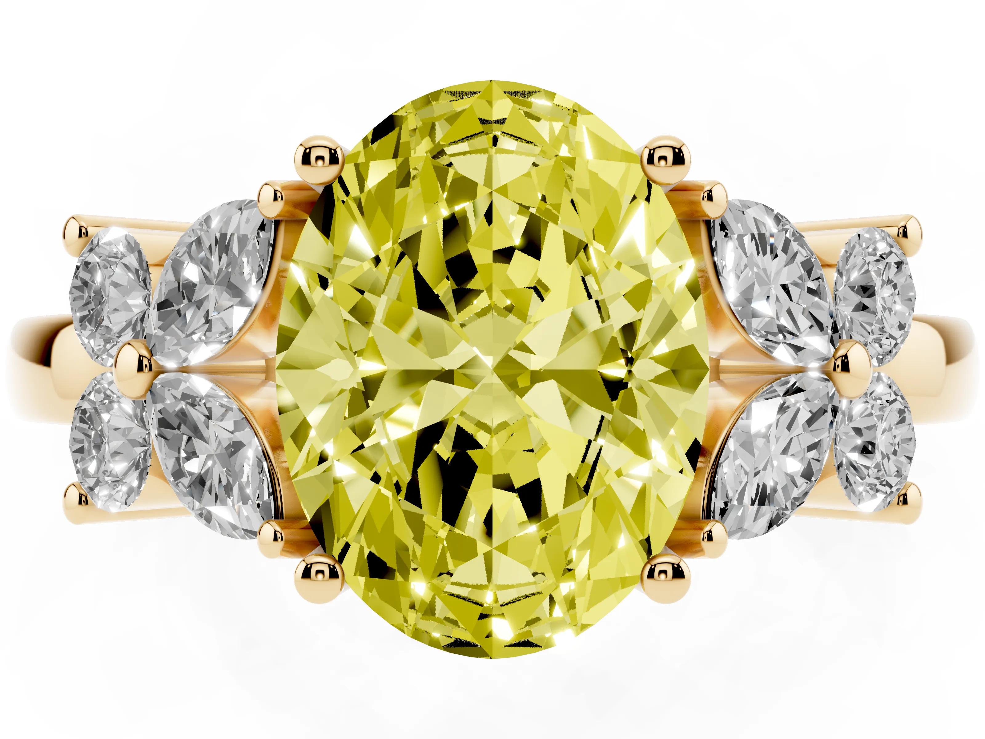 Fancy Yellow Oval Cut Diamond Floral Cluster Ring Set in Yellow gold with Marquise Petals and Prong Setting