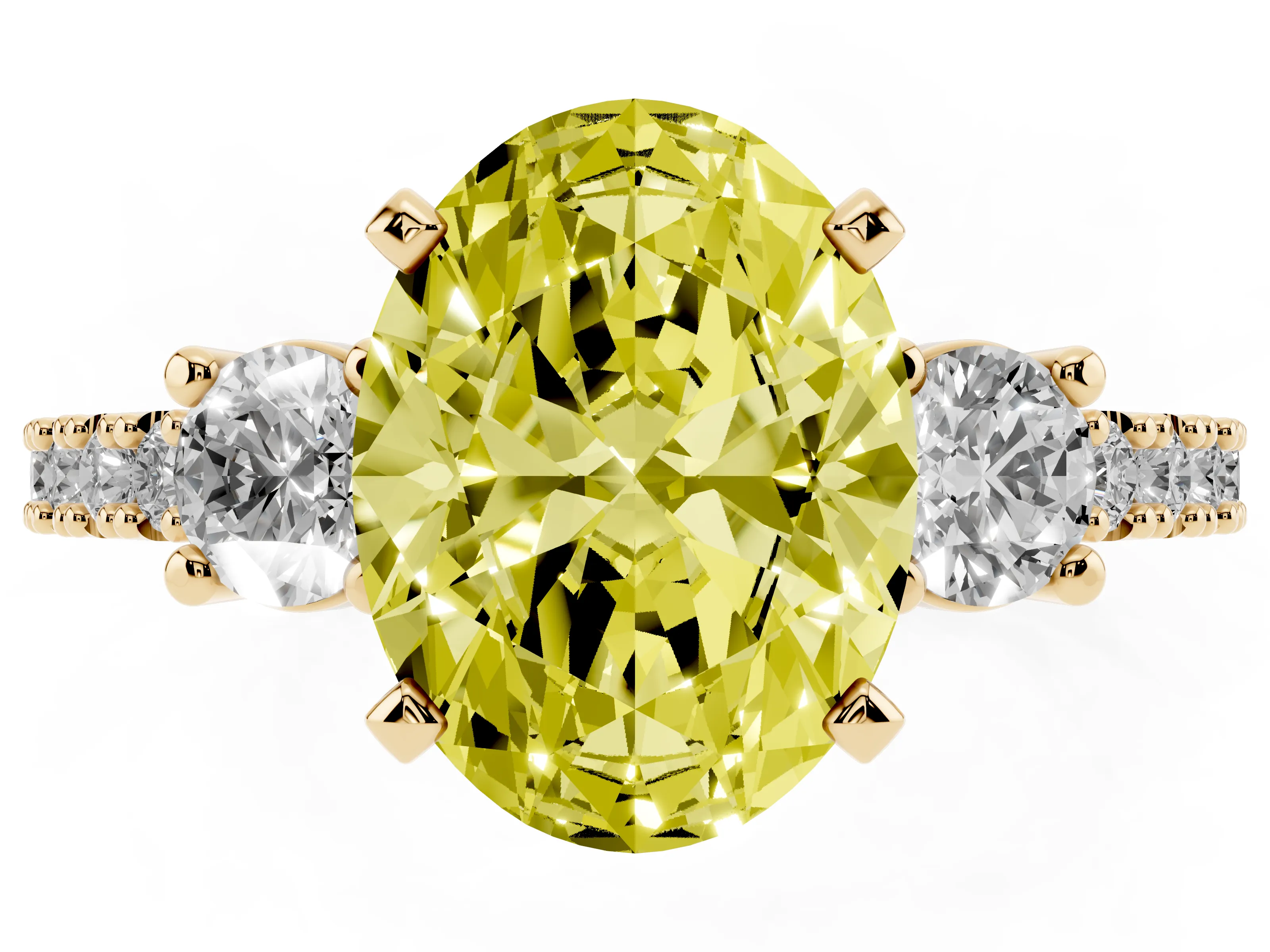 Fancy Yellow Three-Stone Oval Cut Diamond Pavé Band Ring Set in Yellow gold with Prong Setting