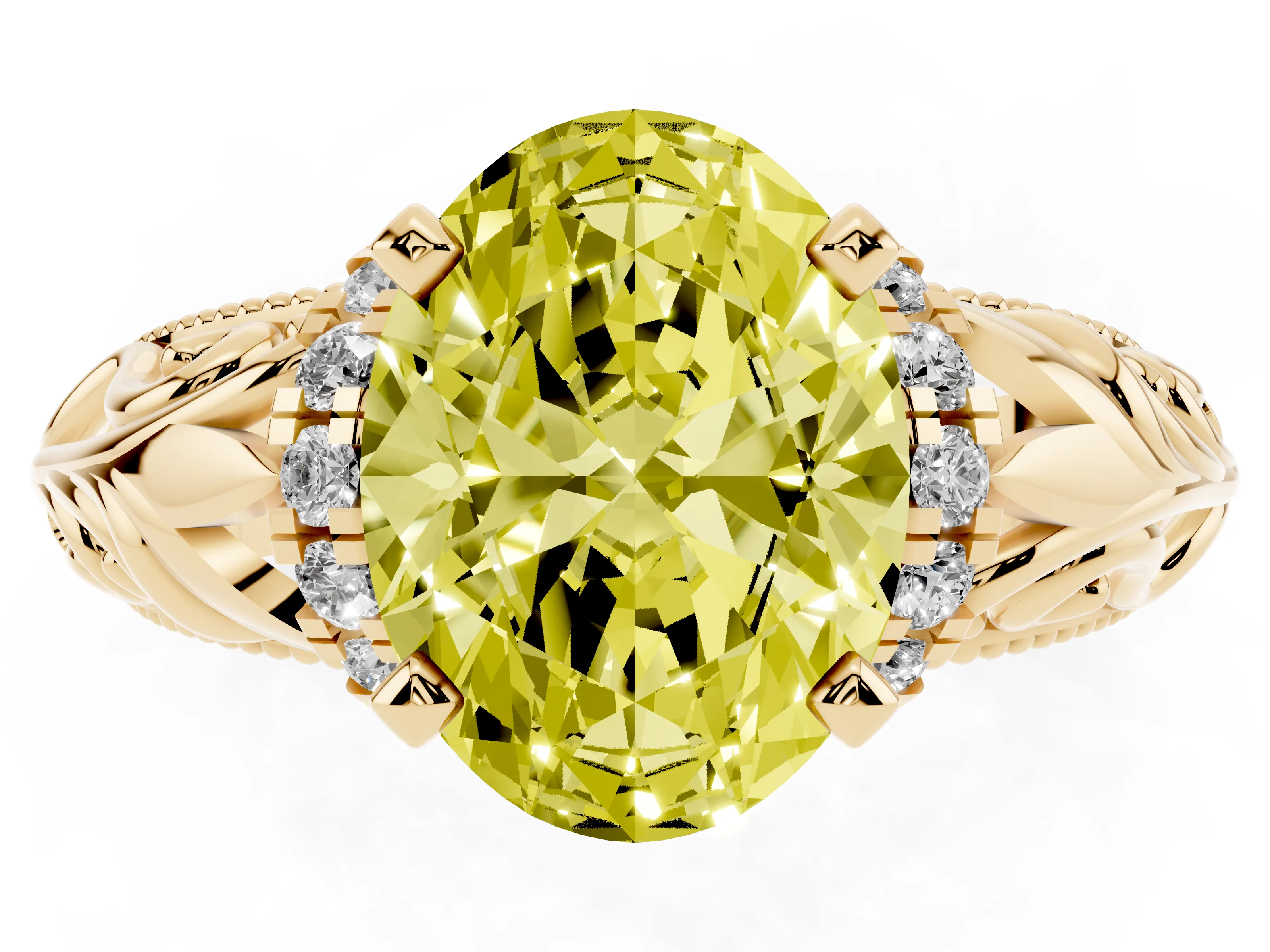 Fancy Yellow Oval Cut Diamond Filigree Halo Engagement Ring Set in Yellow gold with Prong Setting