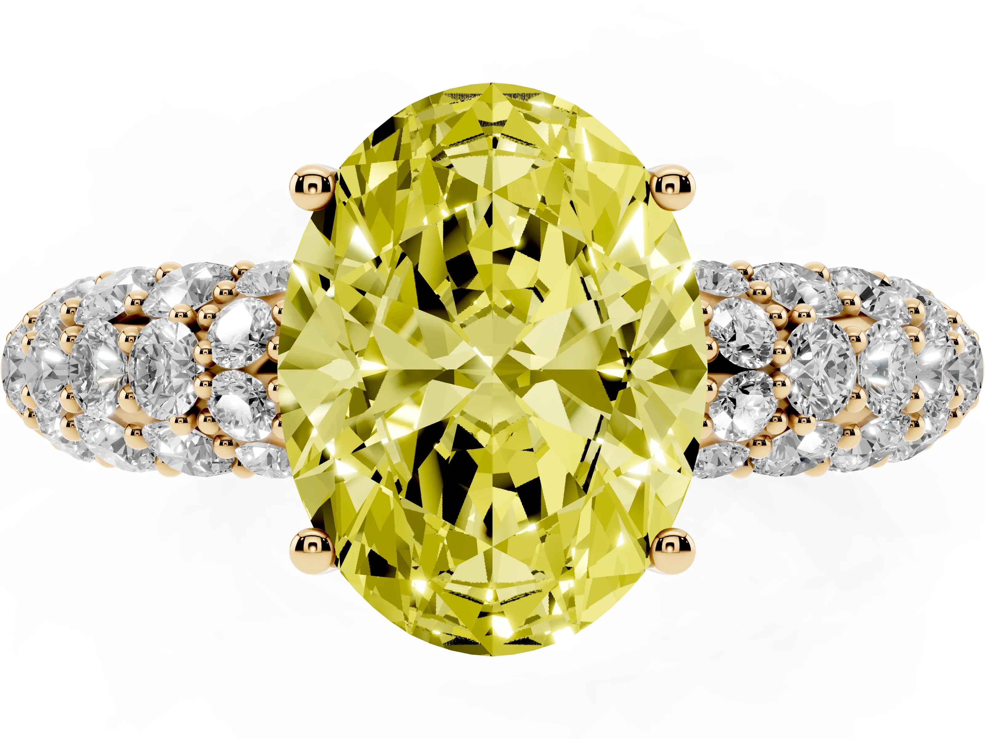 Fancy Yellow Oval Cut Diamond Pavé Band Solitaire Ring Set in Yellow gold with Close-Set Accent Stones and Prong Setting