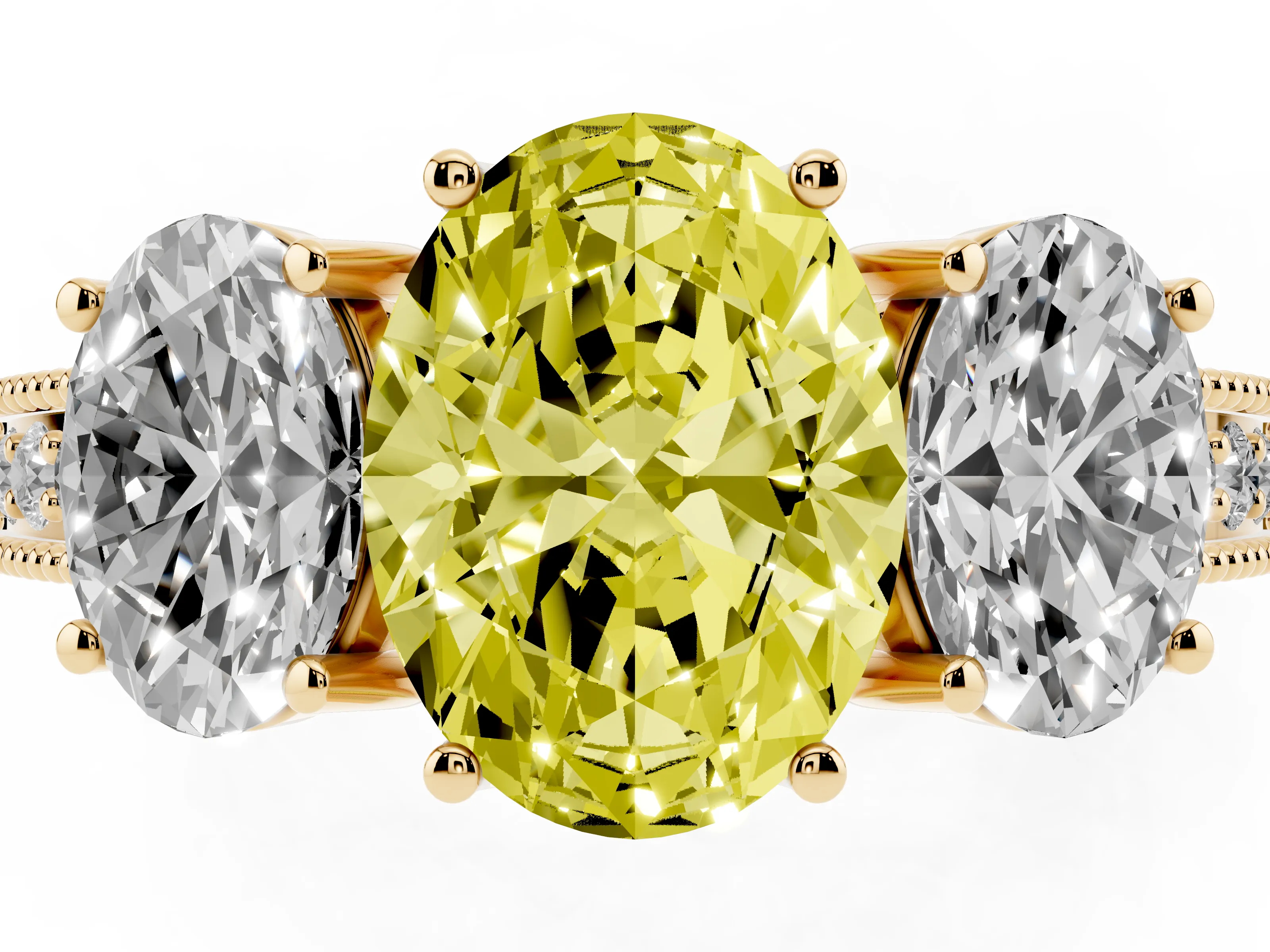 Fancy Yellow Oval Cut Diamond Three-Stone Engagement Ring Set in Yellow gold with Milgrain Pavé Band