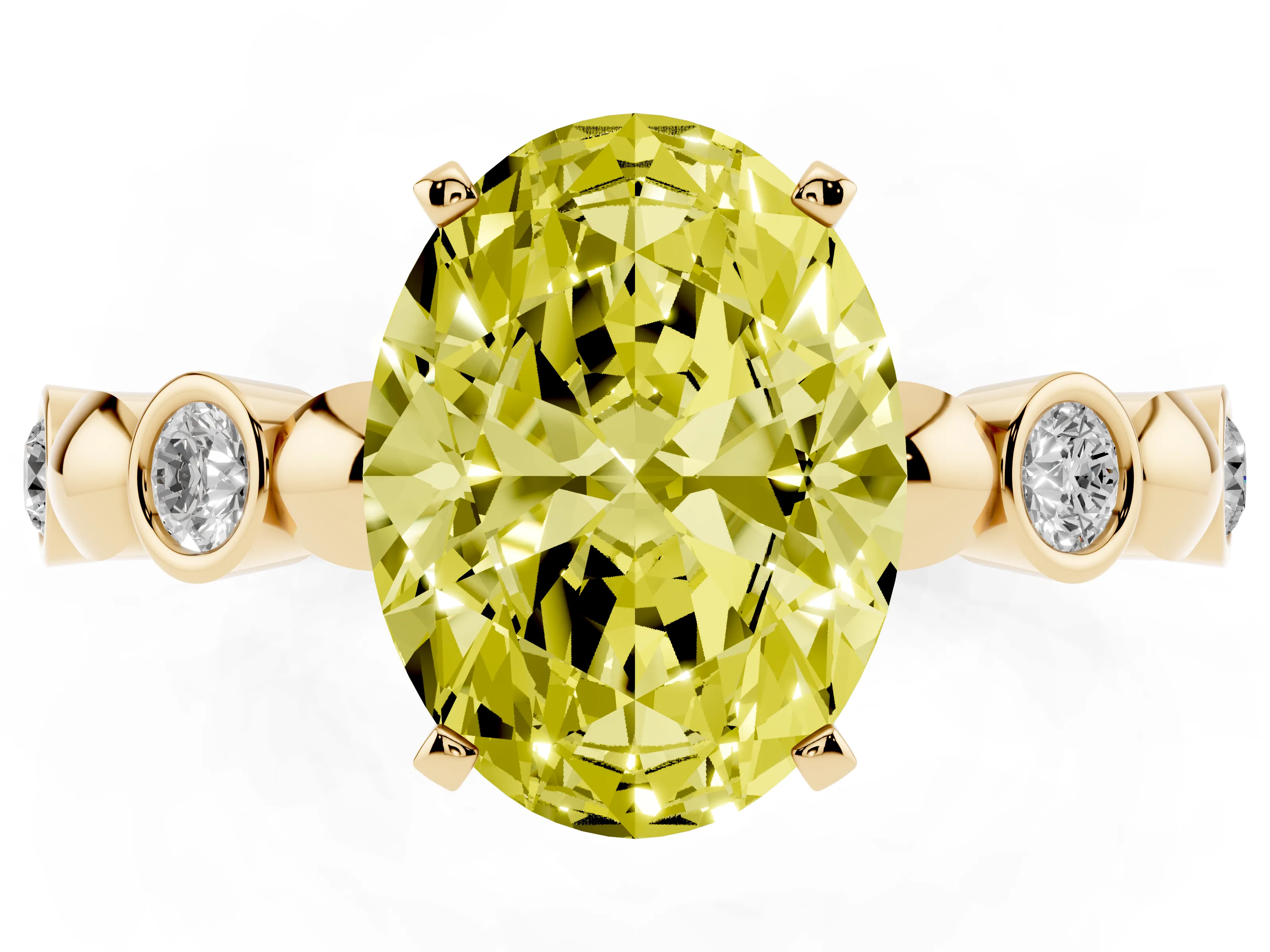 Fancy Yellow Oval Cut Diamond Solitaire Ring Set in Yellow gold with Bezel-Set Accents on Beaded Band and Prong Setting