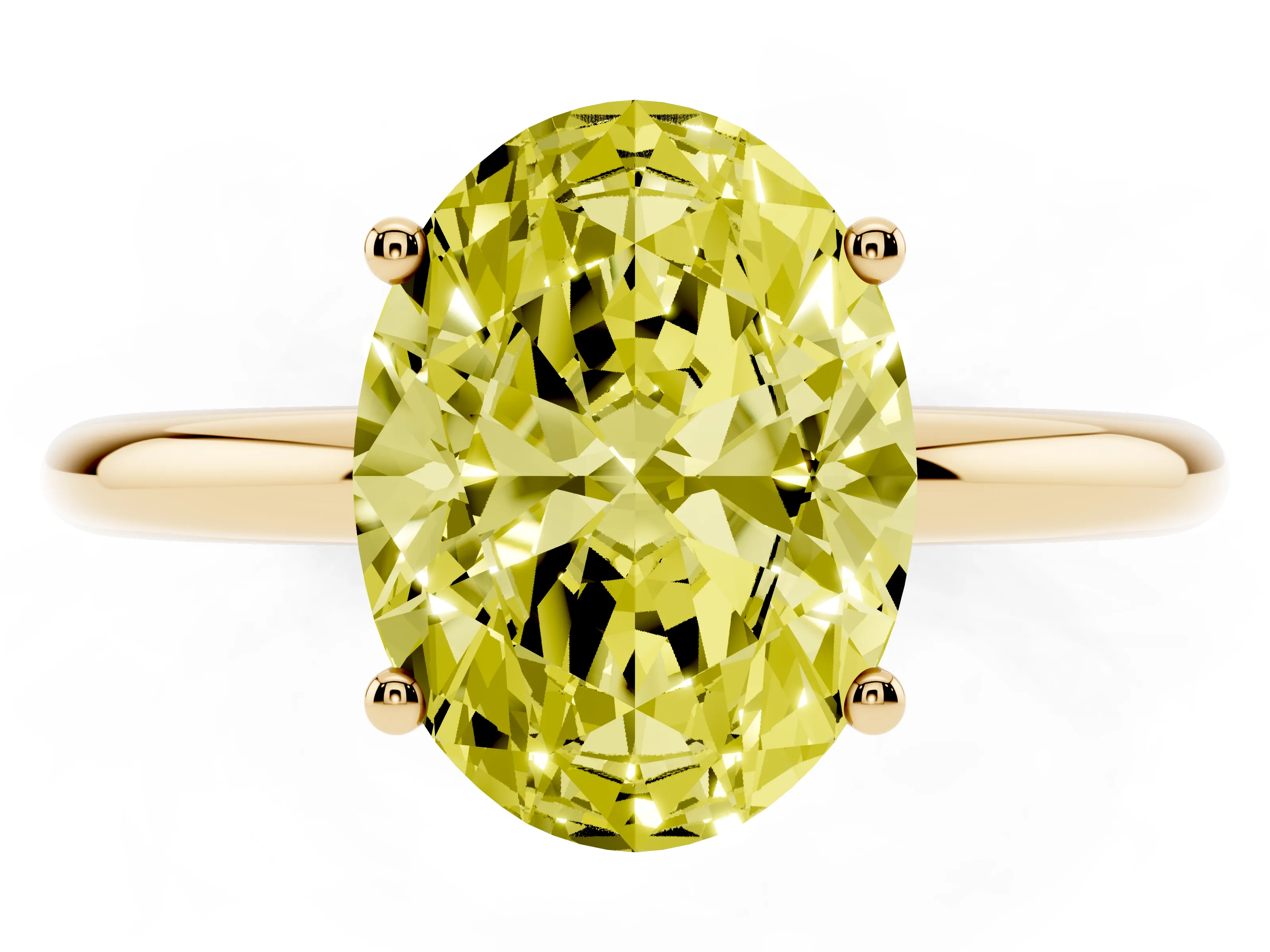 Fancy Yellow Oval Cut Diamond Solitaire Engagement Ring Set in Yellow gold with Prong Setting and Polished Band