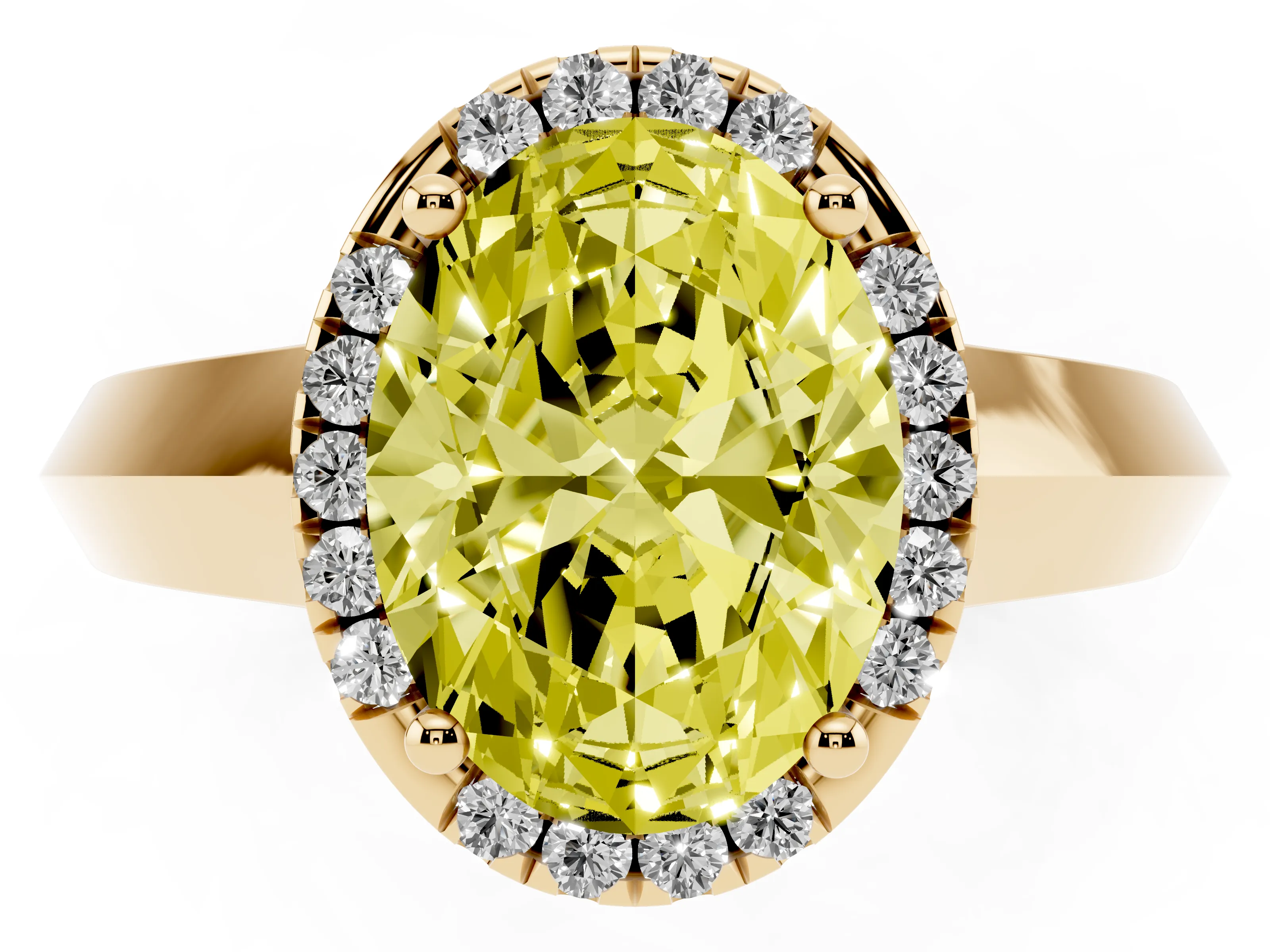 Fancy Yellow Oval Cut Diamond Halo Ring Set in Yellow gold with Cathedral Band and Prong Setting
