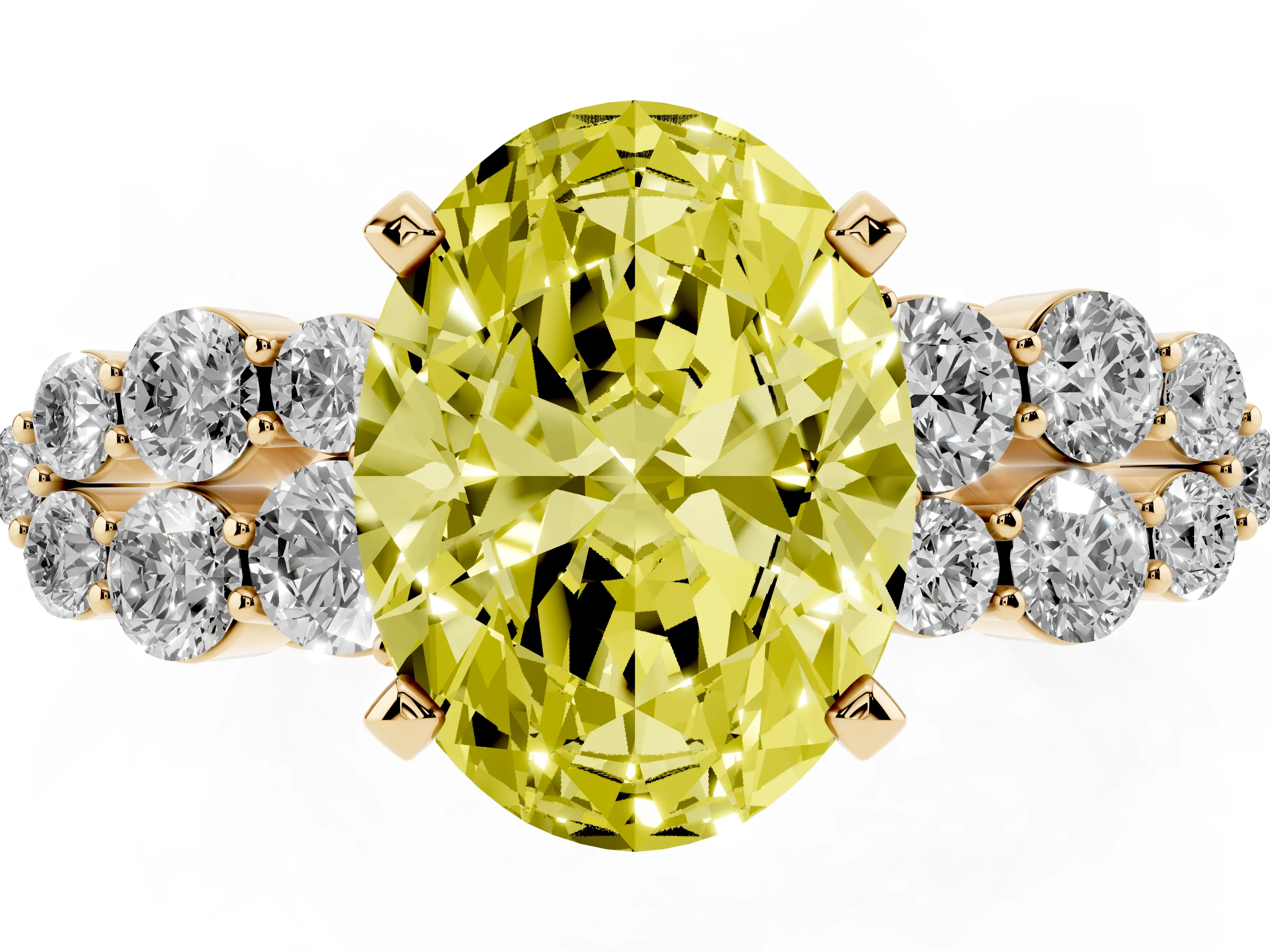 Fancy Yellow Oval Cut Diamond Cluster Engagement Ring Set in Yellow gold with Pavé Band and Prong Setting