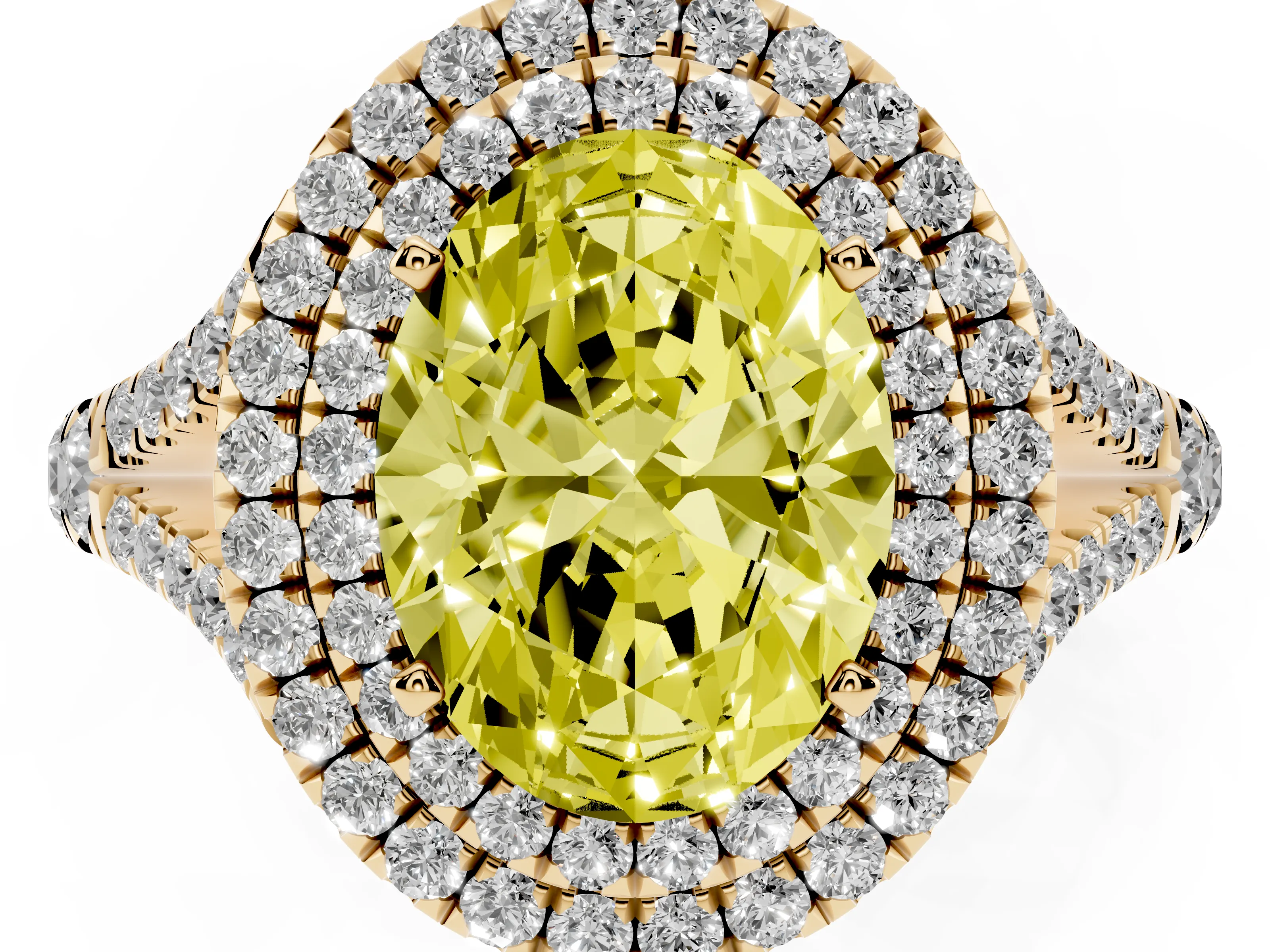 Fancy Yellow Oval Cut Diamond Pavé Split Shank Double Halo Engagement Ring Set in Yellow gold