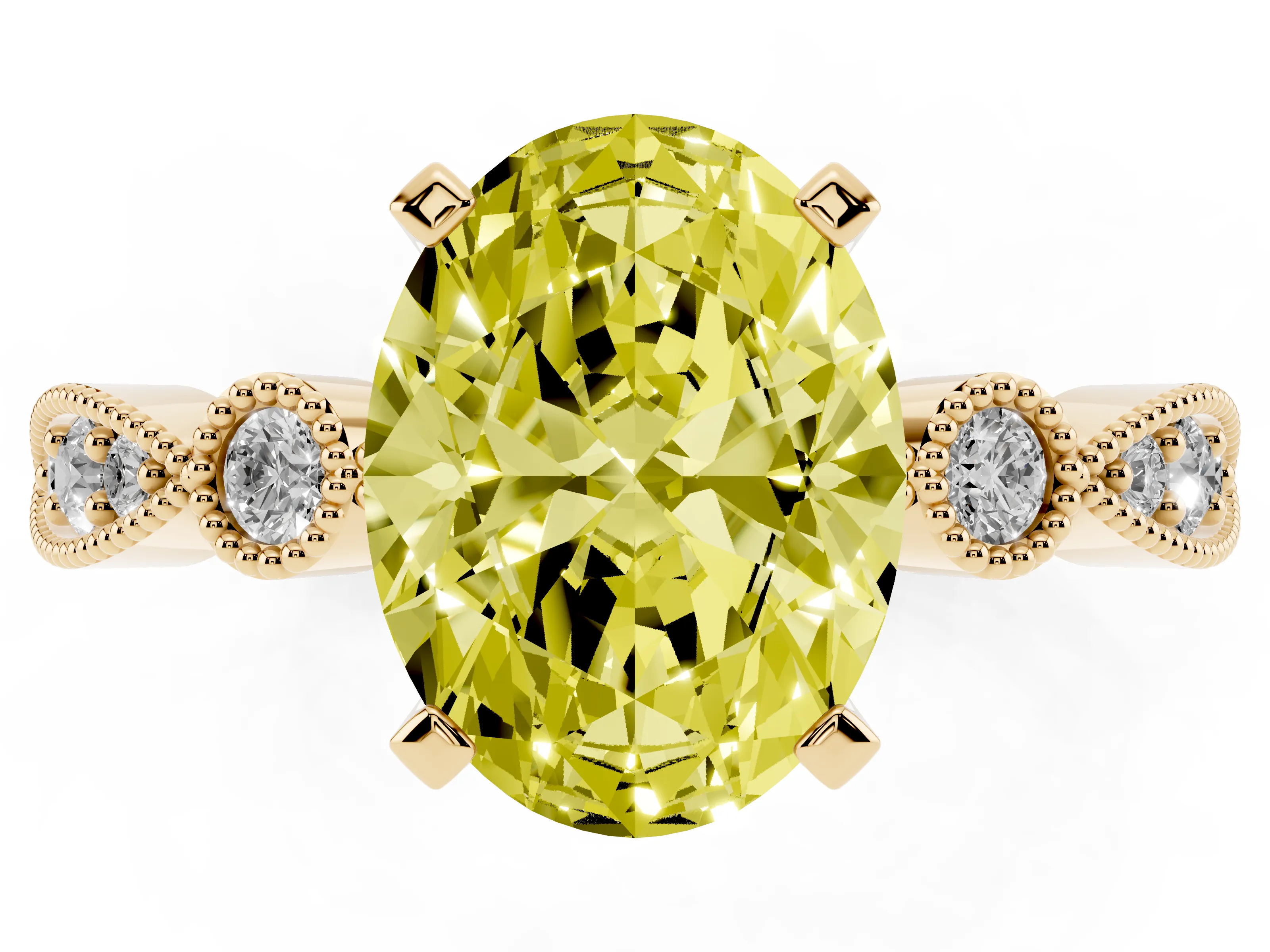 Fancy Yellow Oval Cut Diamond Solitaire Engagement Ring Set in Yellow gold with Milgrain Bezel Accent Band