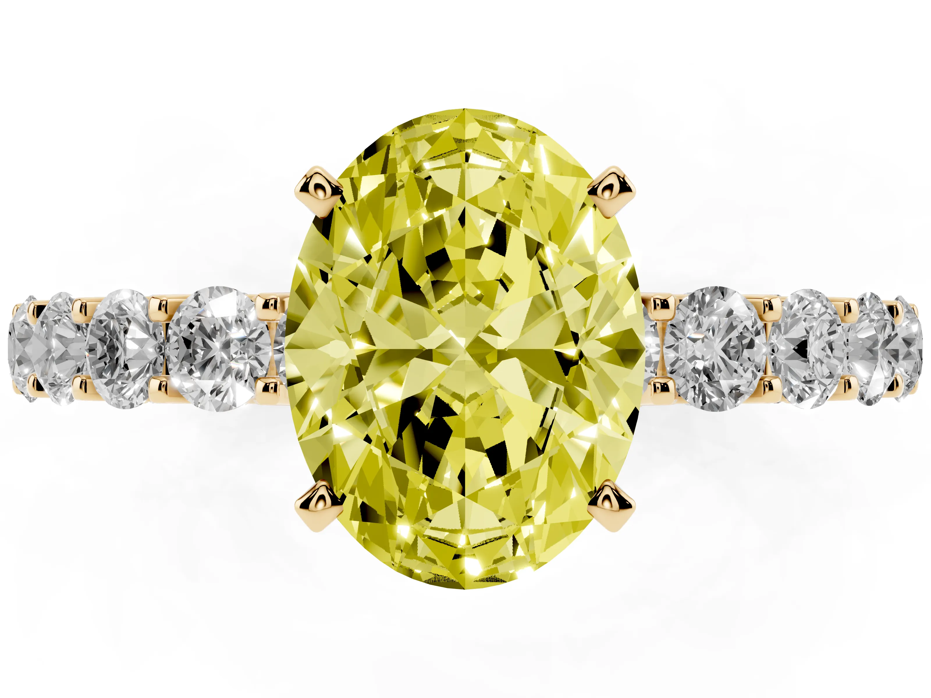 Fancy Yellow Oval Cut Diamond Solitaire Ring Set in Yellow gold with Shared Prong Pavé Band