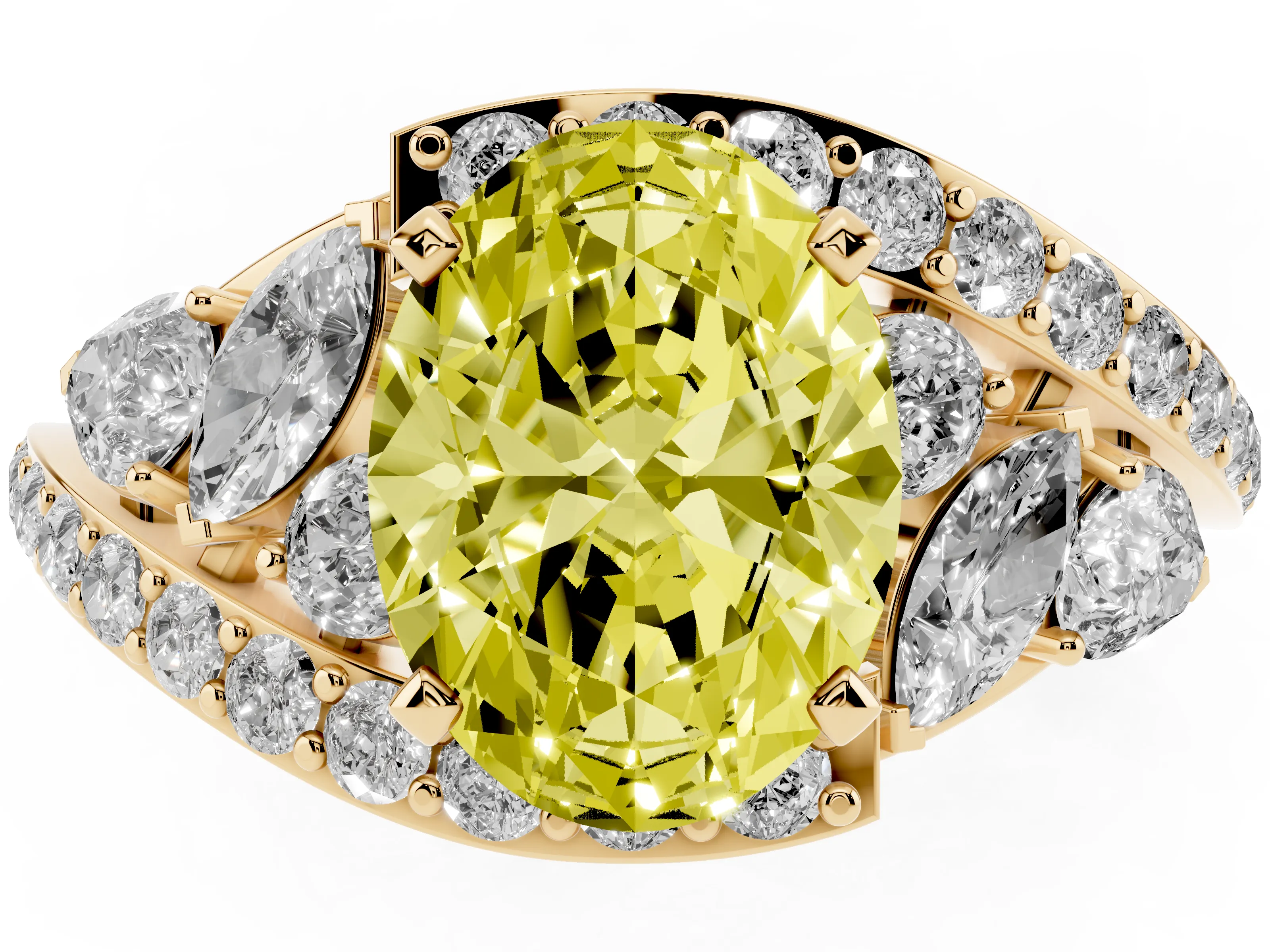 Fancy Yellow Oval Cut Diamond Halo Ring Set in Yellow gold with Marquise and Pavé Band in Prong Setting