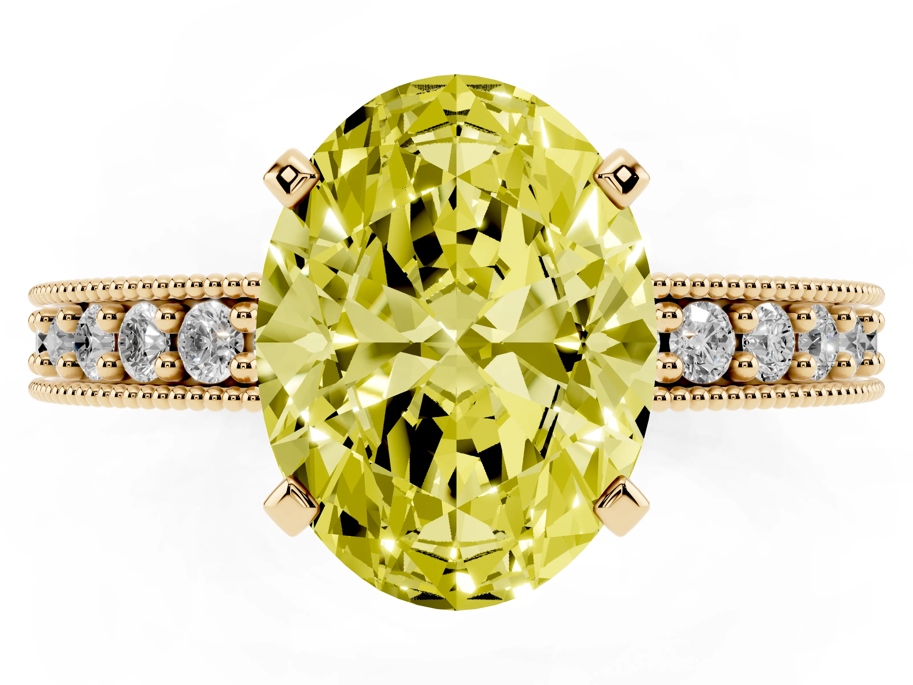 Fancy Yellow Oval Cut Diamond Milgrain Pavé Engagement Ring Set in Yellow gold with Prong Setting