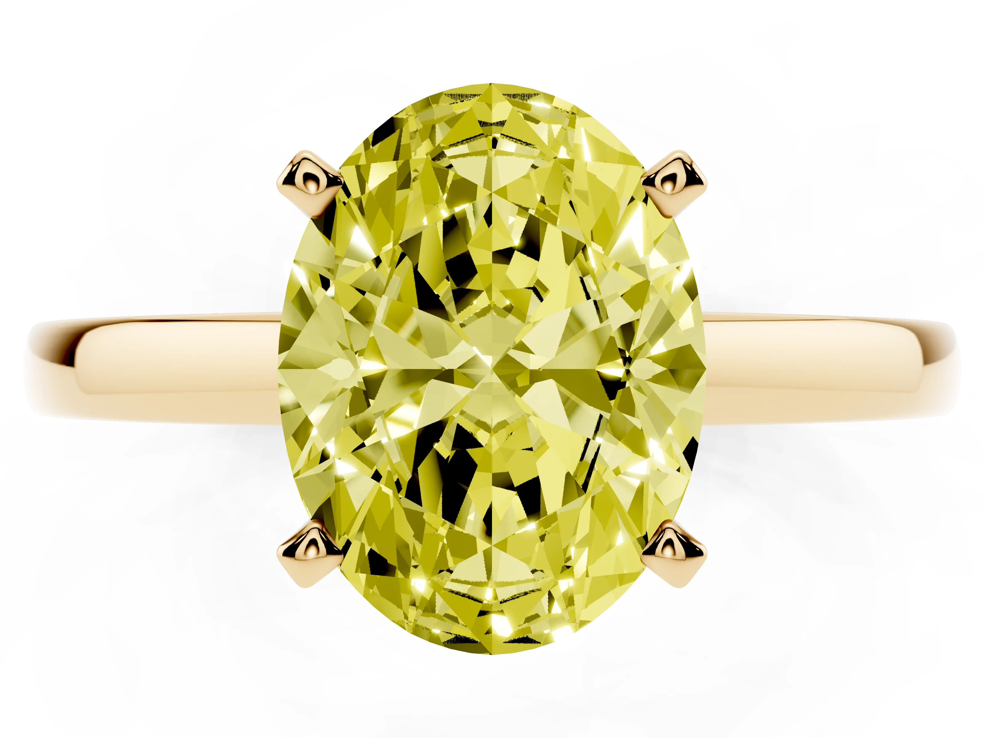 Fancy Yellow Oval Cut Diamond Solitaire Engagement Ring Set in Yellow gold with Prong Setting on a Classic Band