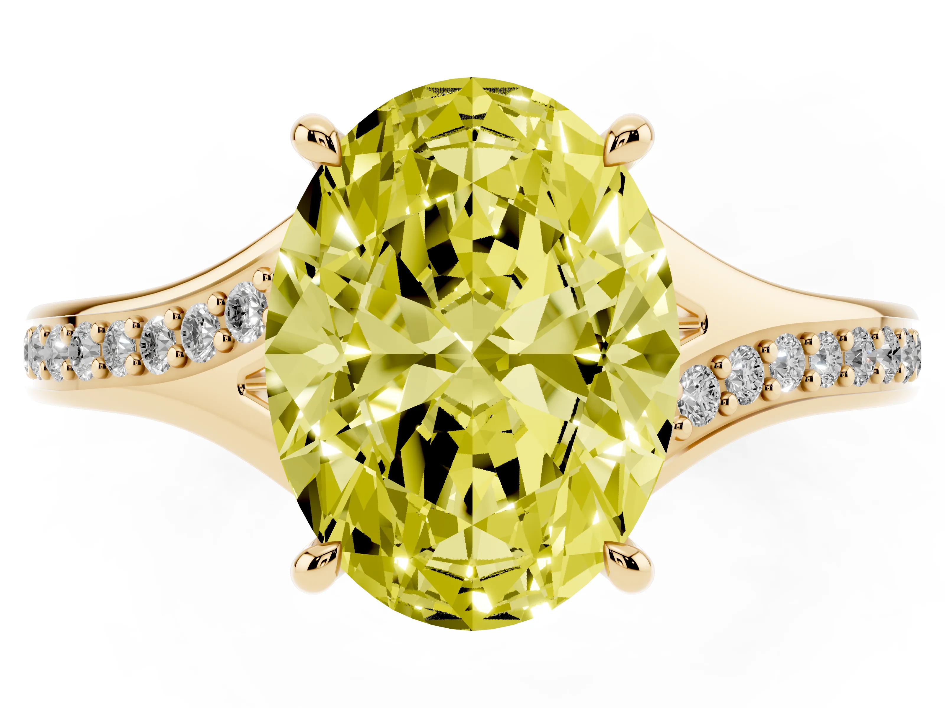 Fancy Yellow Oval Cut Diamond Solitaire Ring Set in Yellow gold with Pavé Accent Band and Classic Prong Setting