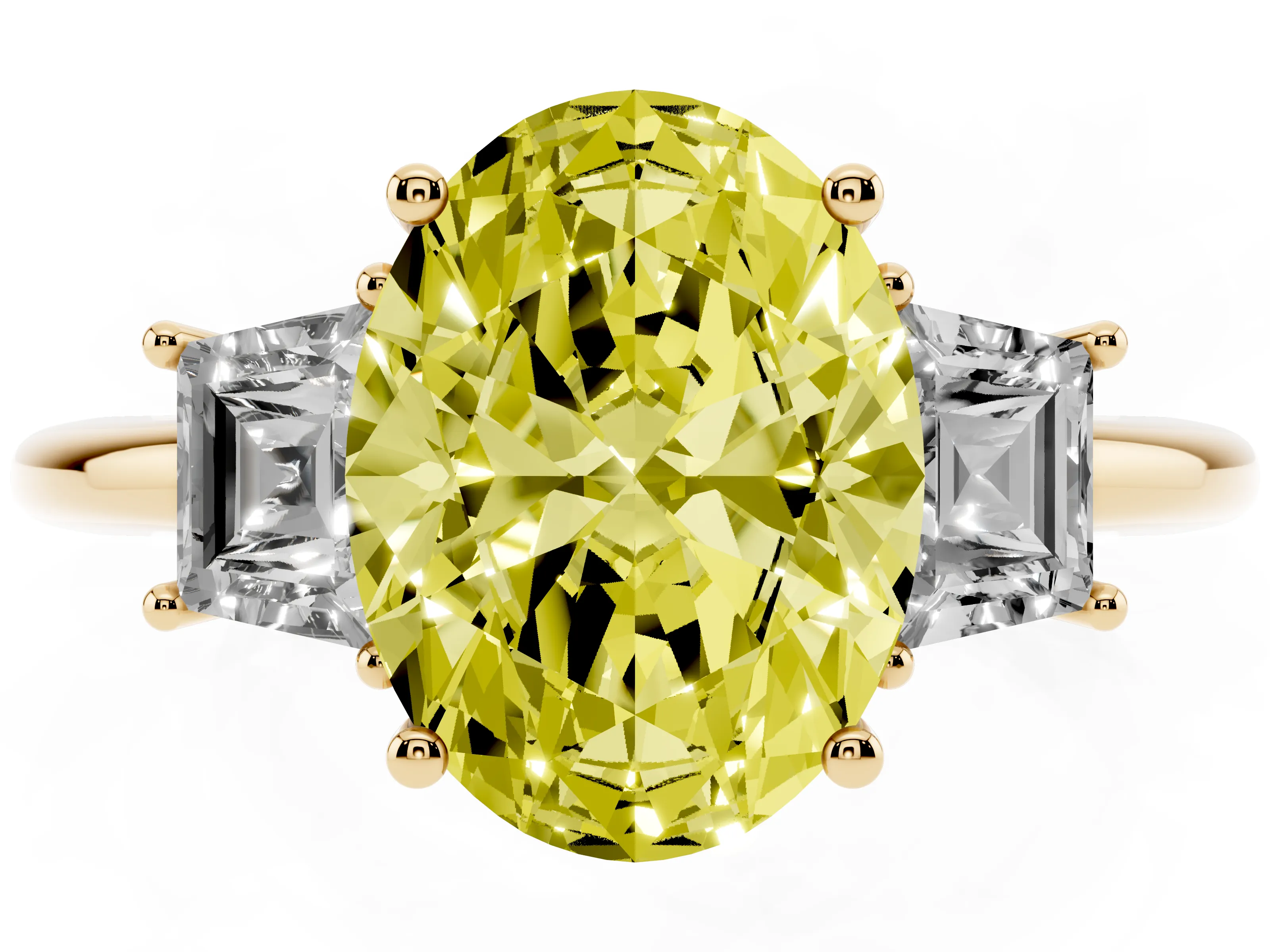 Fancy Yellow Oval Cut Diamond Three-Stone Ring Set in Yellow gold with Trapezoid Side Stones and Prong Setting