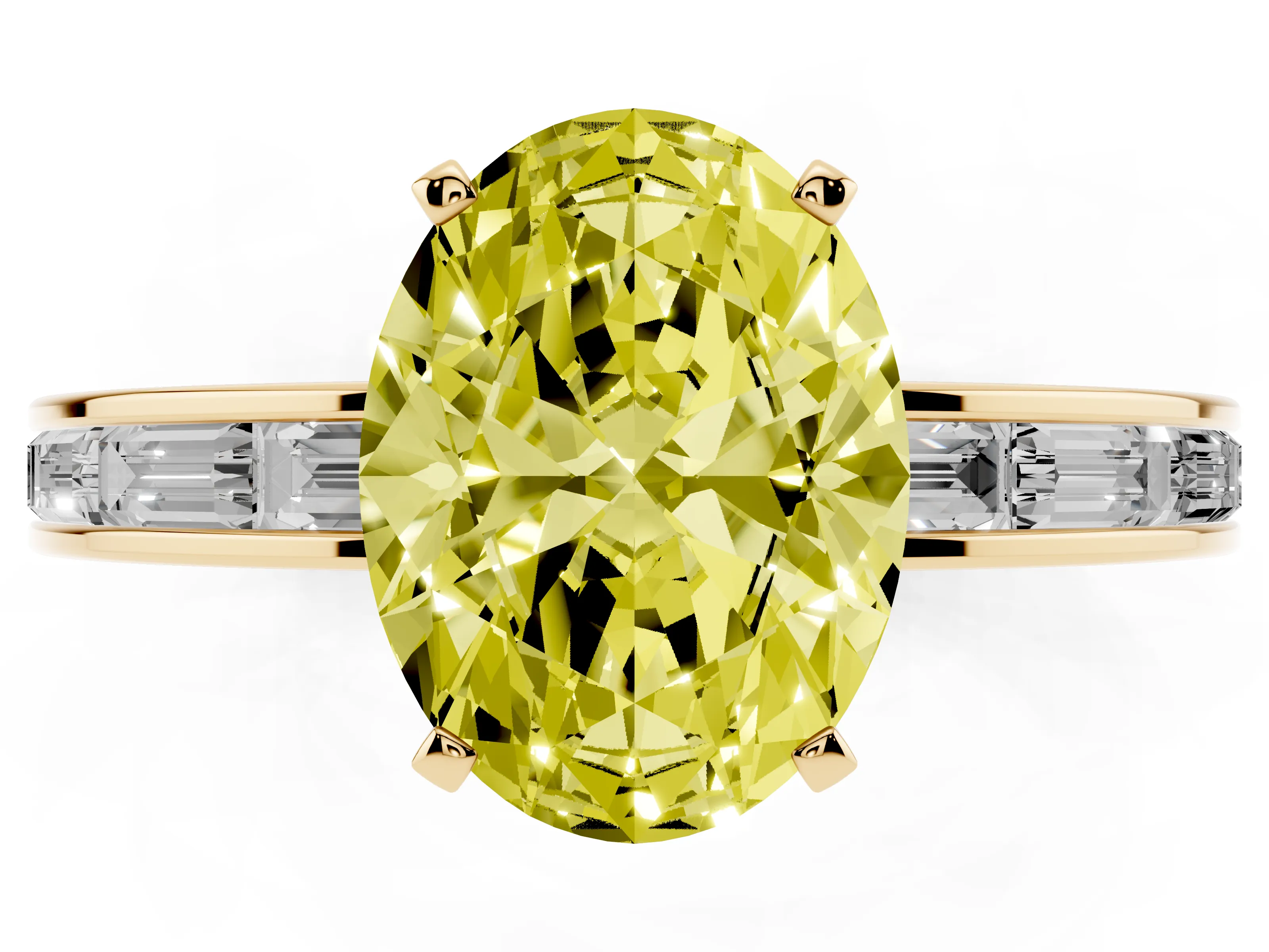 Fancy Yellow Oval Cut Diamond Solitaire Ring Set in Yellow gold with Channel-Set Baguette Band and Prong Setting