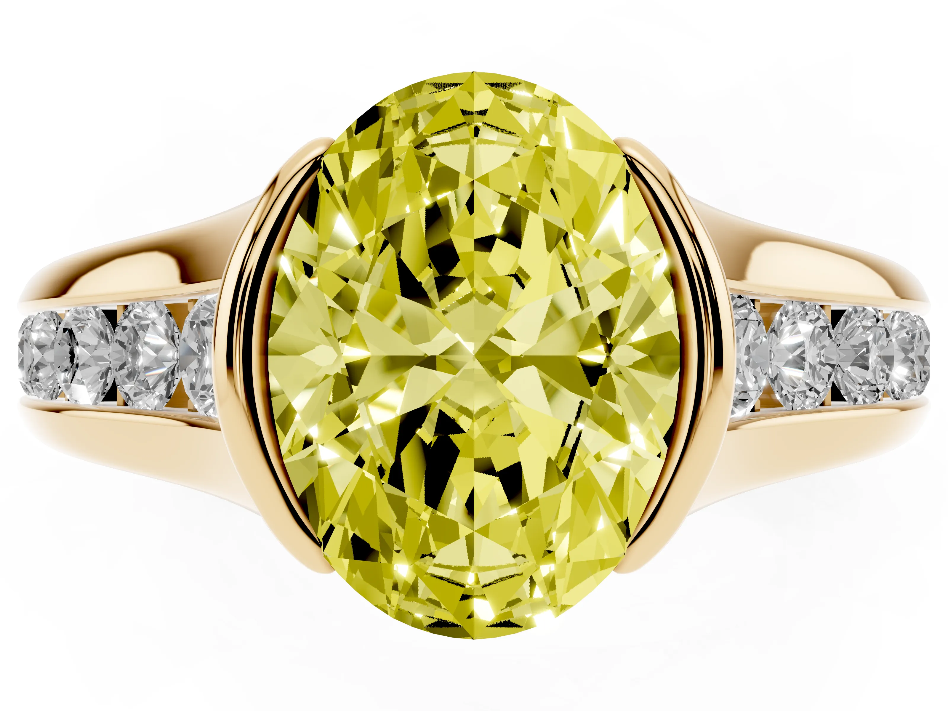 Fancy Yellow Oval Cut Diamond Bezel-Set Solitaire Ring Set in Yellow gold with Channel-Set Band