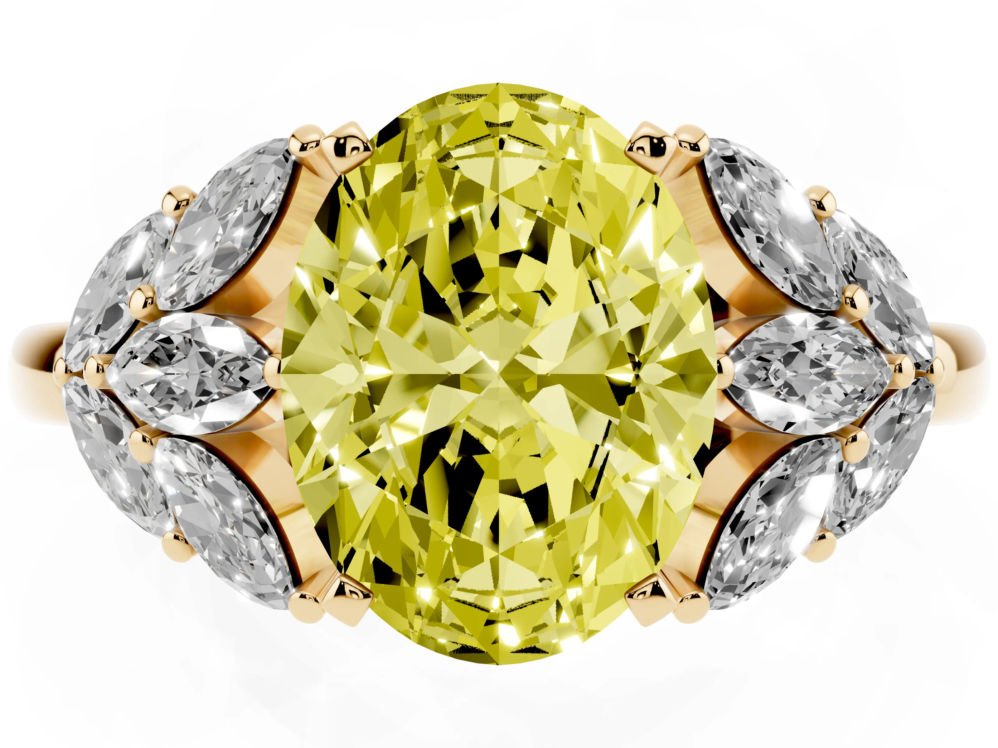 Fancy Yellow Oval Cut Diamond Cluster Leaf Design Ring Set in Yellow gold with Prong Setting