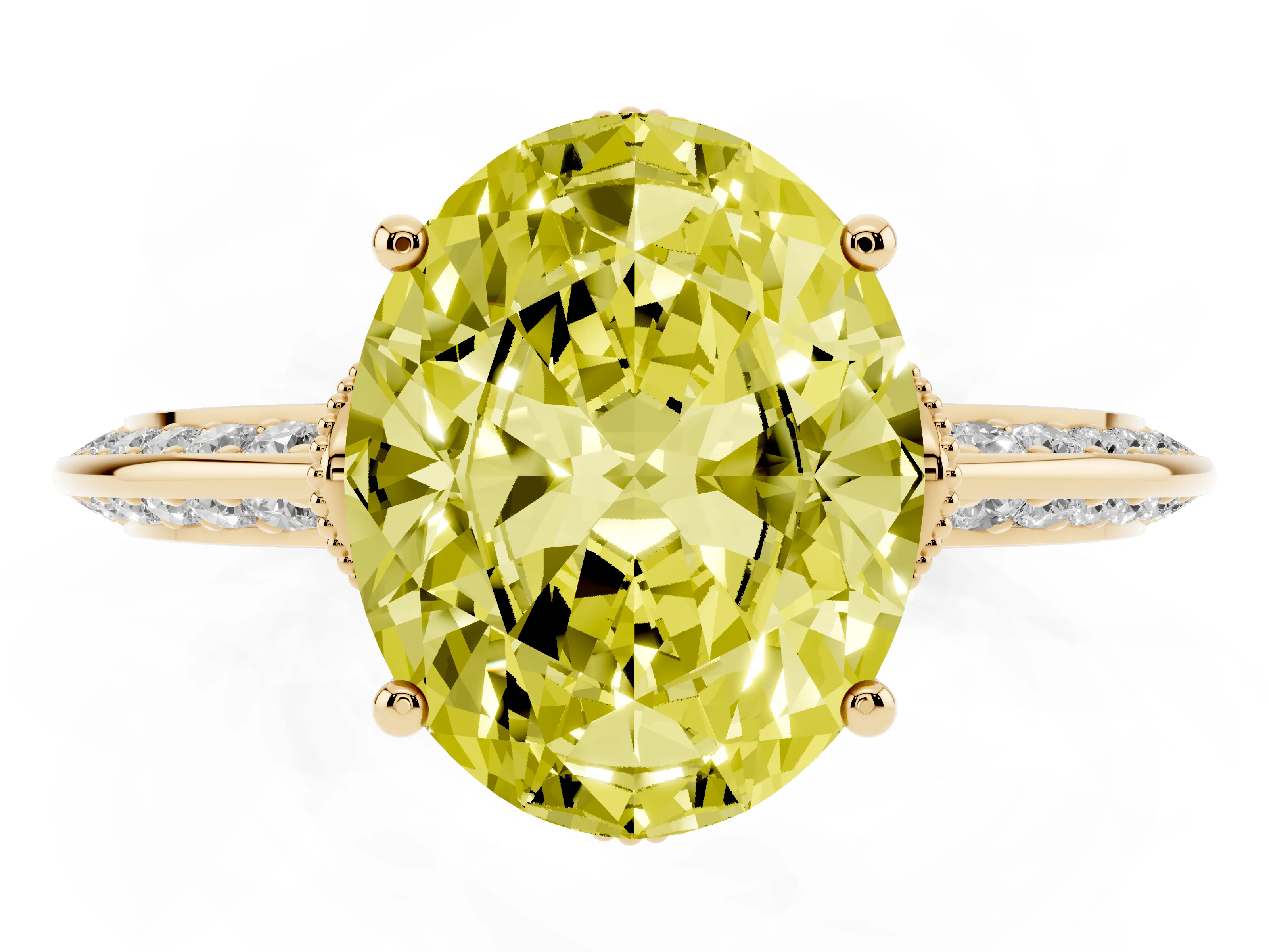 Fancy Yellow Oval Cut Diamond Solitaire Engagement Ring Set in Yellow gold with Pavé Split Shank and Prong Setting