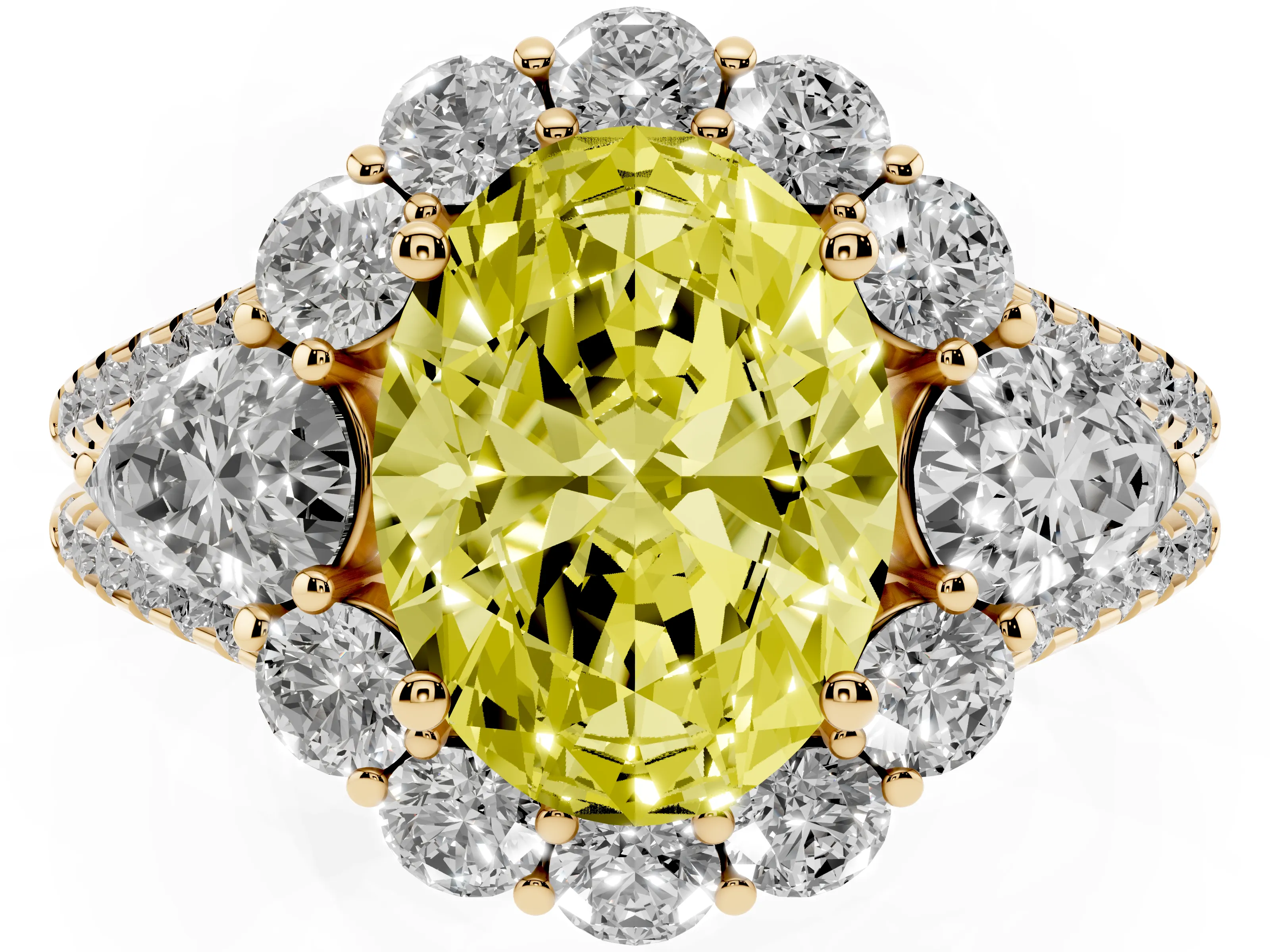 Fancy Yellow Oval Cut Diamond Halo Split Shank Engagement Ring Set in Yellow gold with Prong-Held Center Stone