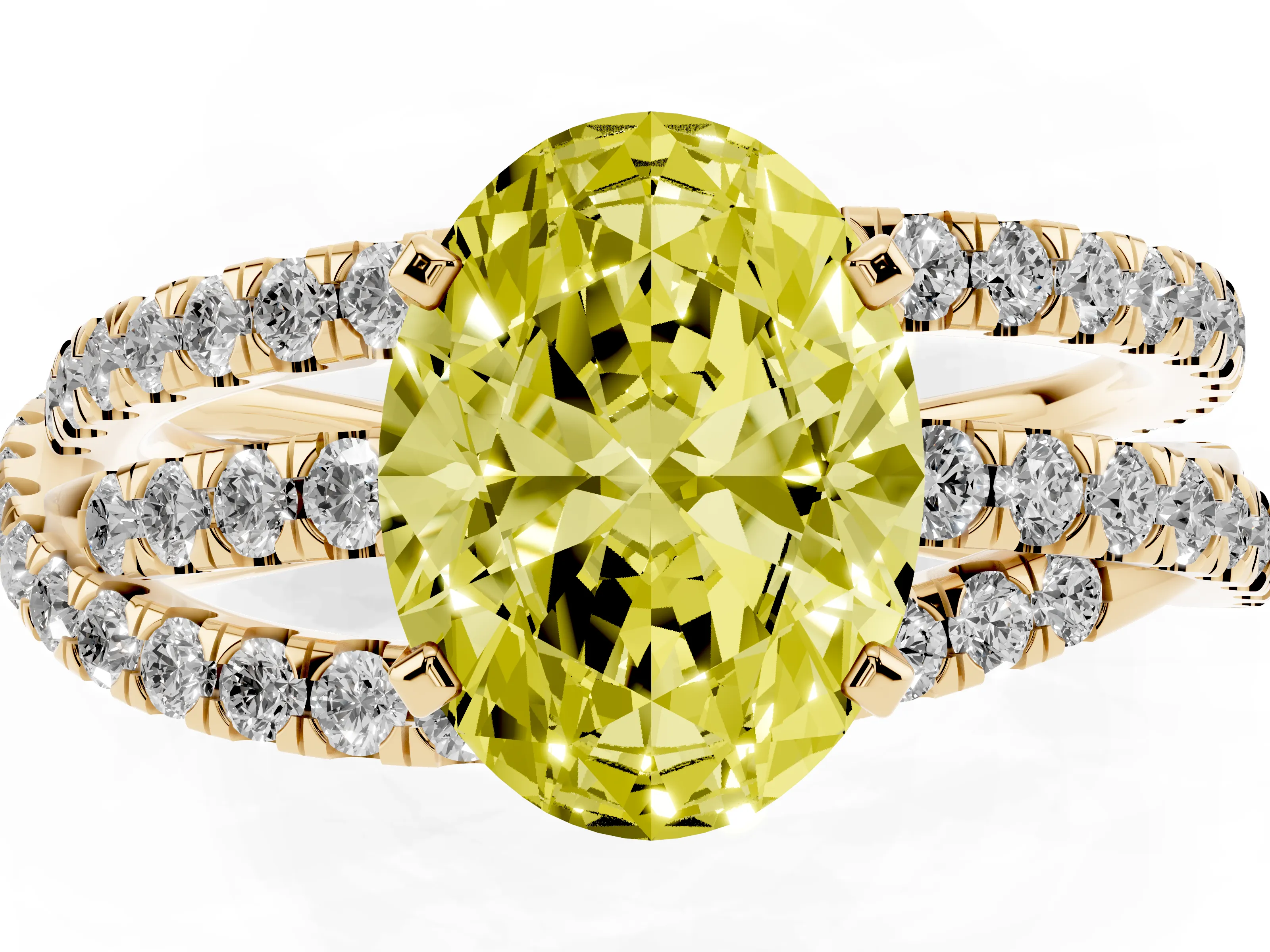 Fancy Yellow Oval Cut Diamond Solitaire Twist Band Ring Set in Yellow gold with Pavé Setting and Prong Head