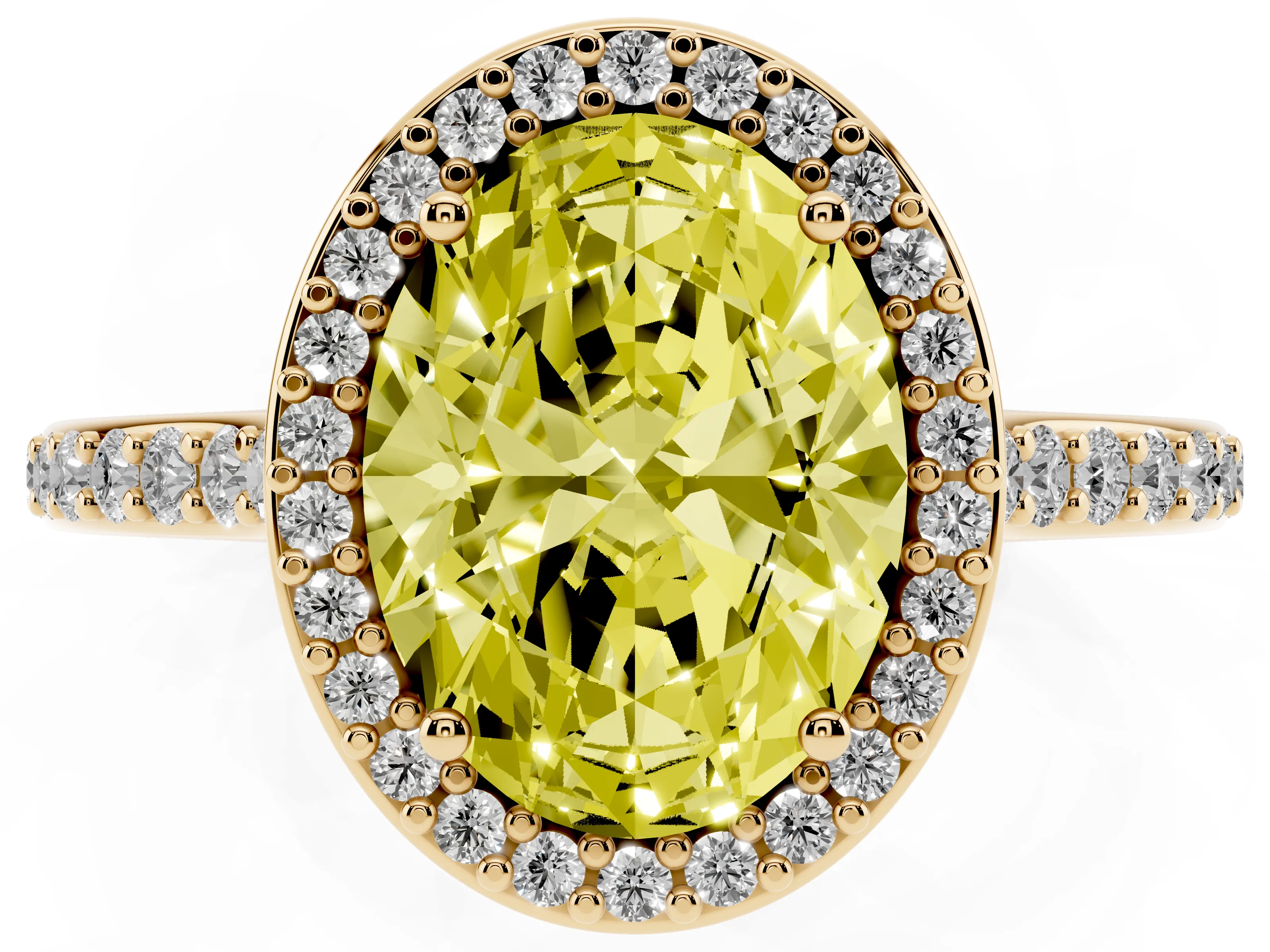 Fancy Yellow Oval Cut Diamond Halo Engagement Ring Set in Yellow gold with Round Pavé Shoulders and Heart Gallery