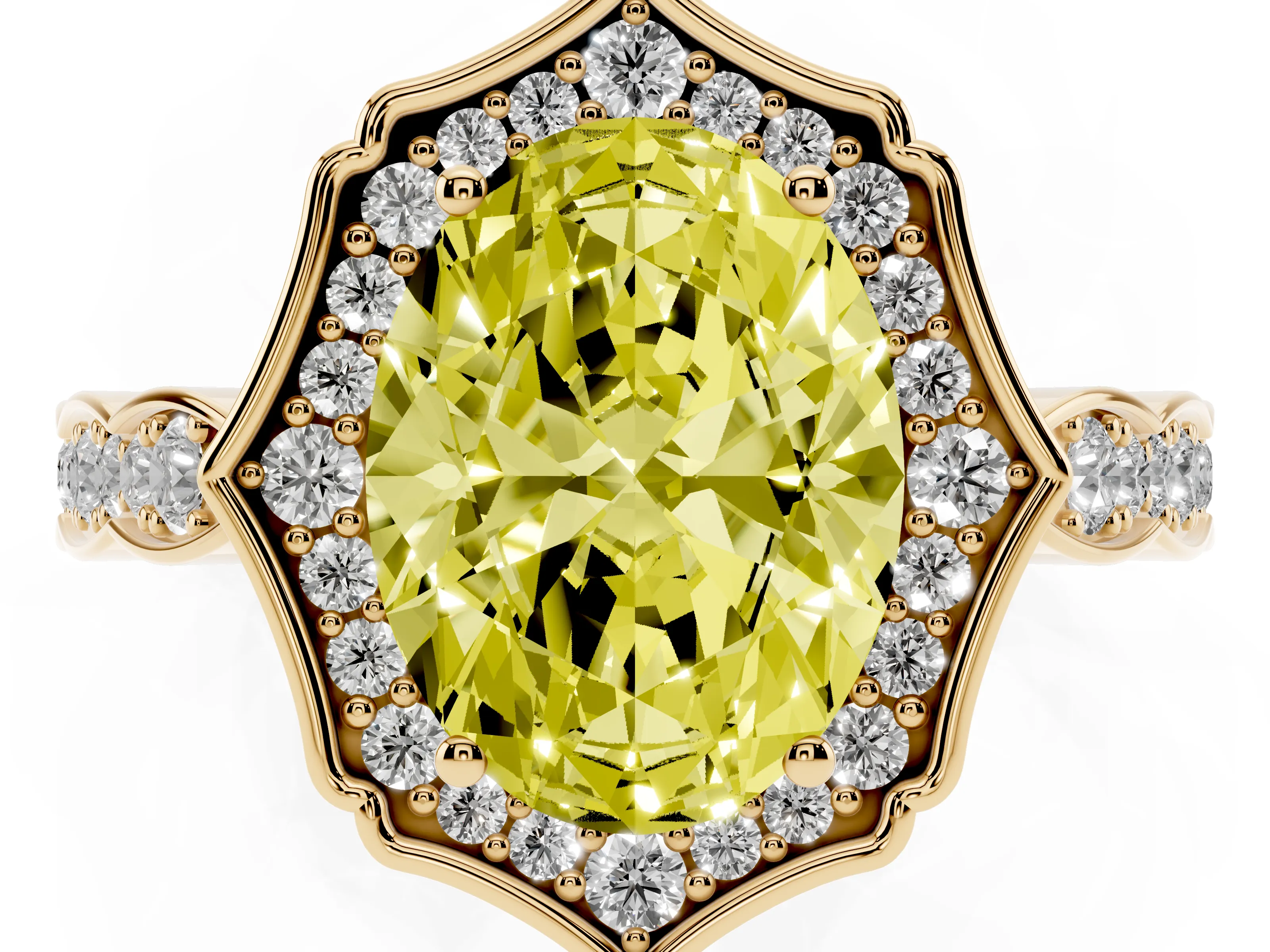 Fancy Yellow Oval Cut Diamond Halo Engagement Ring Set in Yellow gold with Milgrain Band and Prong Setting