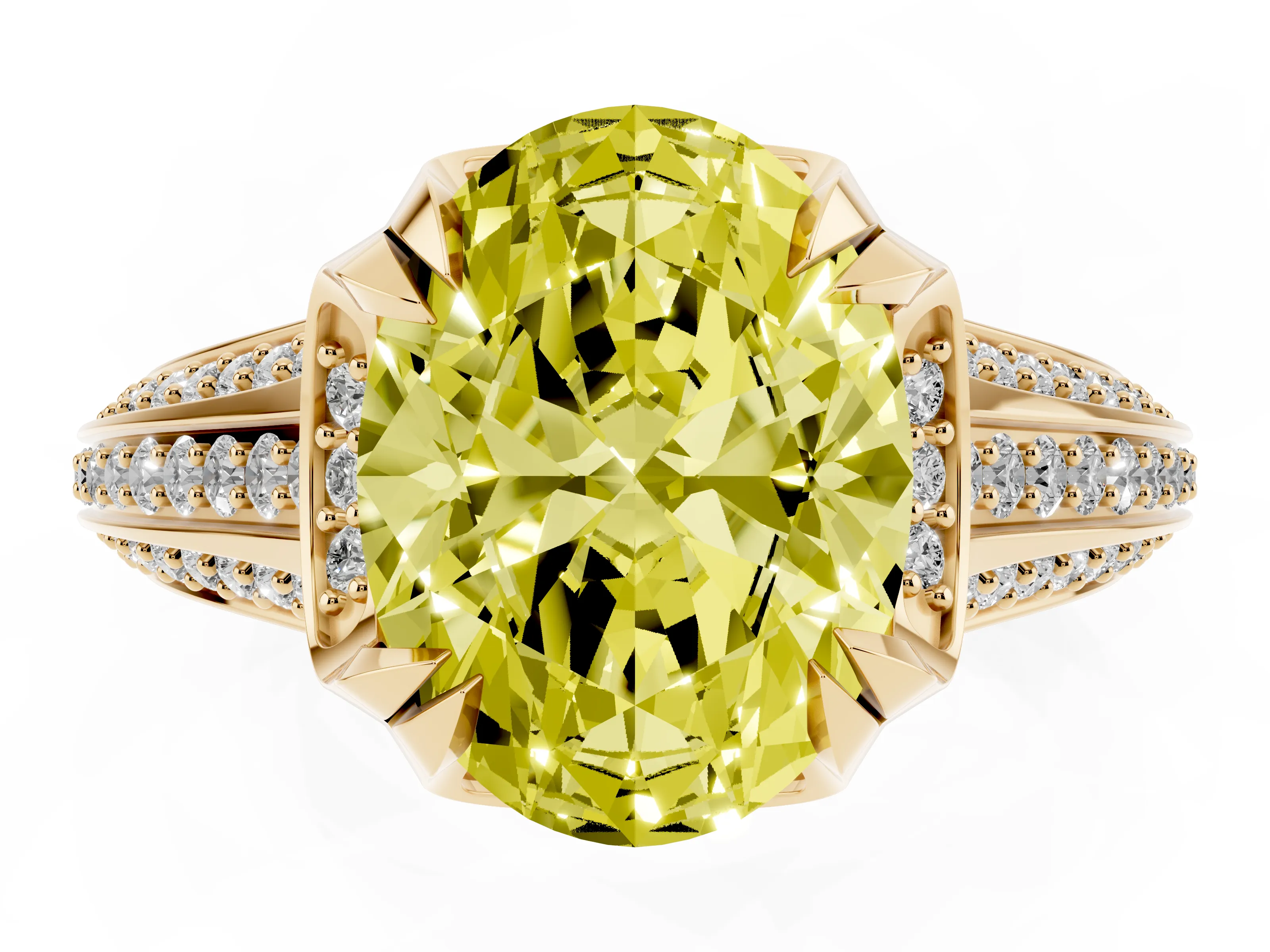 Fancy Yellow Oval Cut Diamond Pavé Split Shank Solitaire Ring Set in Yellow gold with Prong Setting