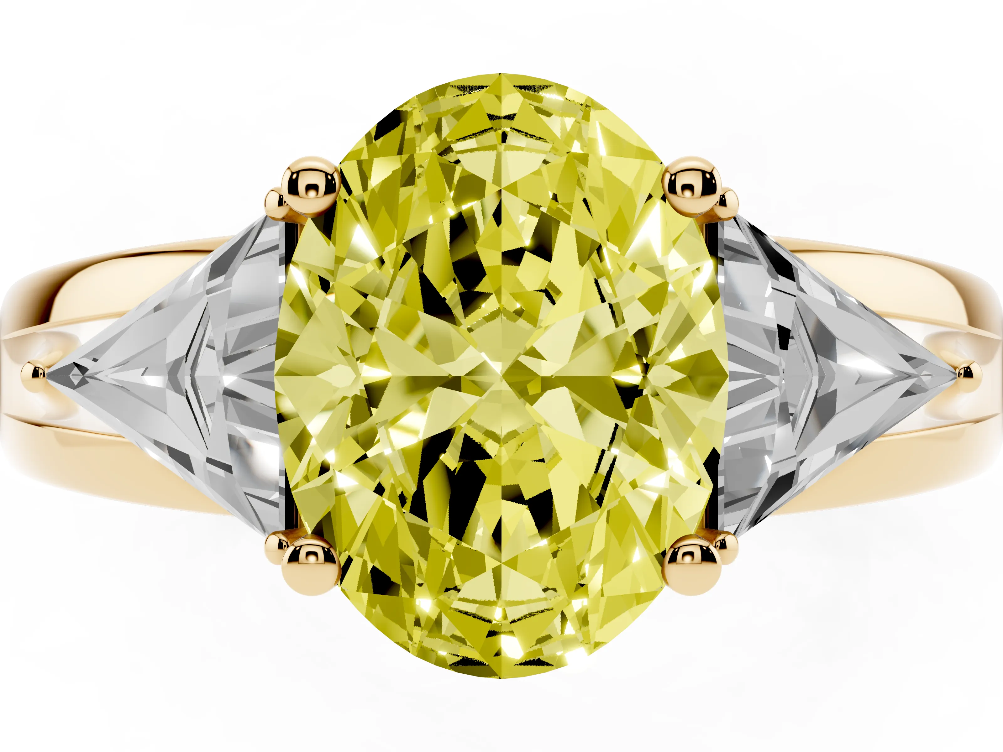 Fancy Yellow Oval Cut Diamond Three-Stone Ring Set in Yellow gold with Trillion Side Stones and Split Shank