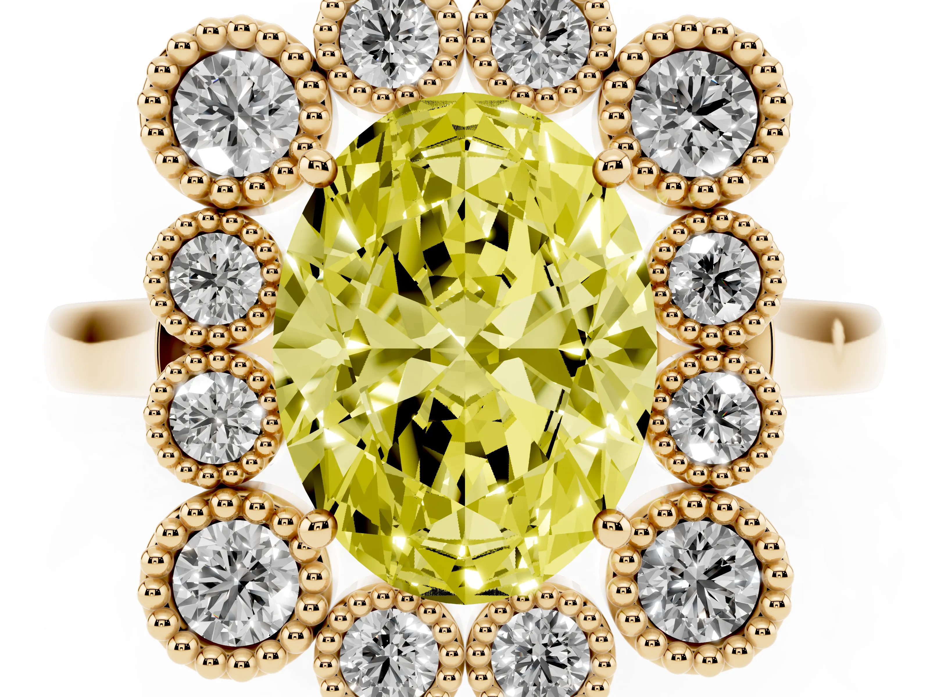 Fancy Yellow Oval Cut Diamond Cluster Halo Ring Set in Yellow gold with Milgrain Bezel Accents and Plain Band