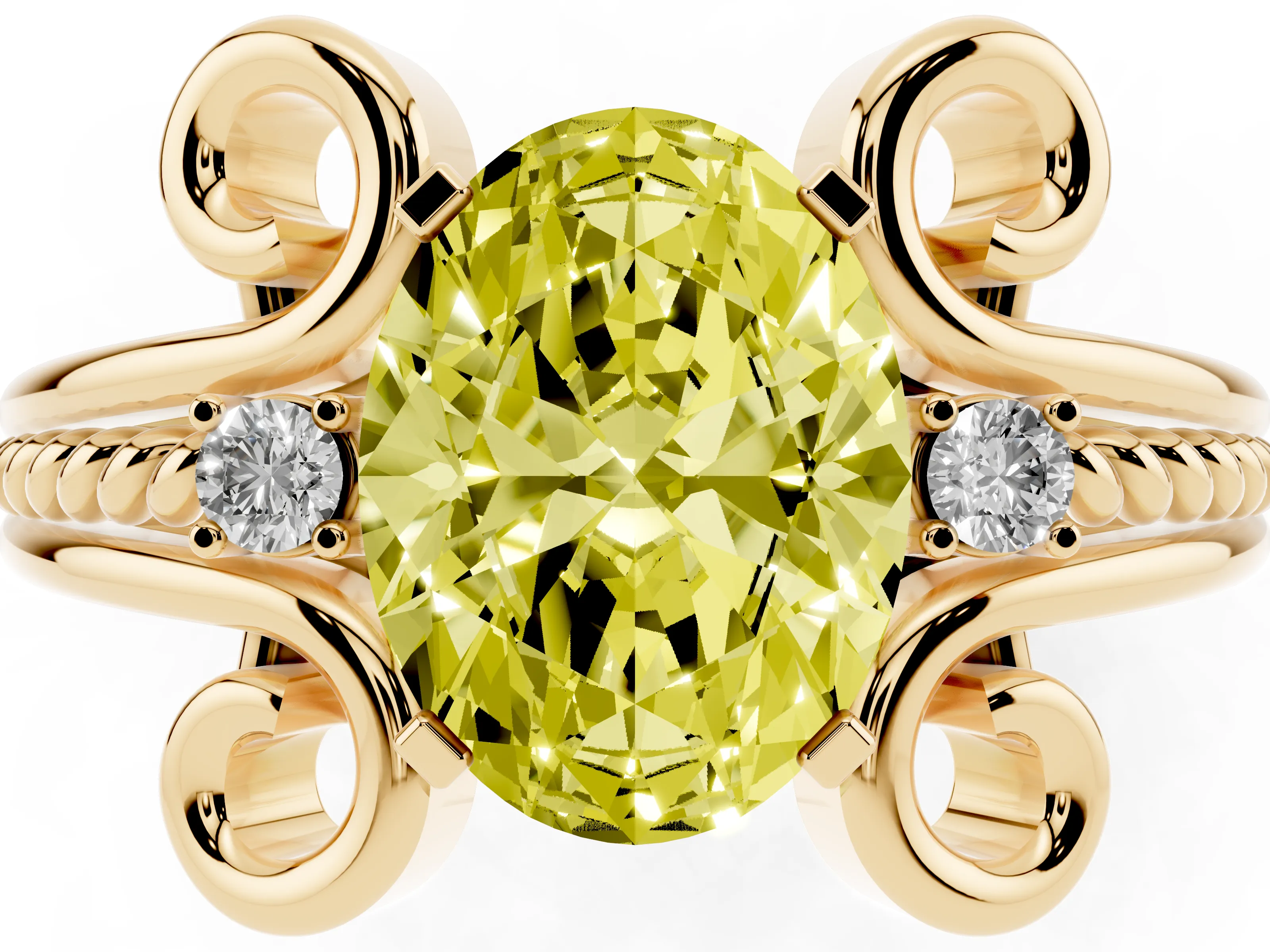 Fancy Yellow Oval Cut Diamond Twisted Band Solitaire Ring Set in Yellow gold with Scroll Prongs