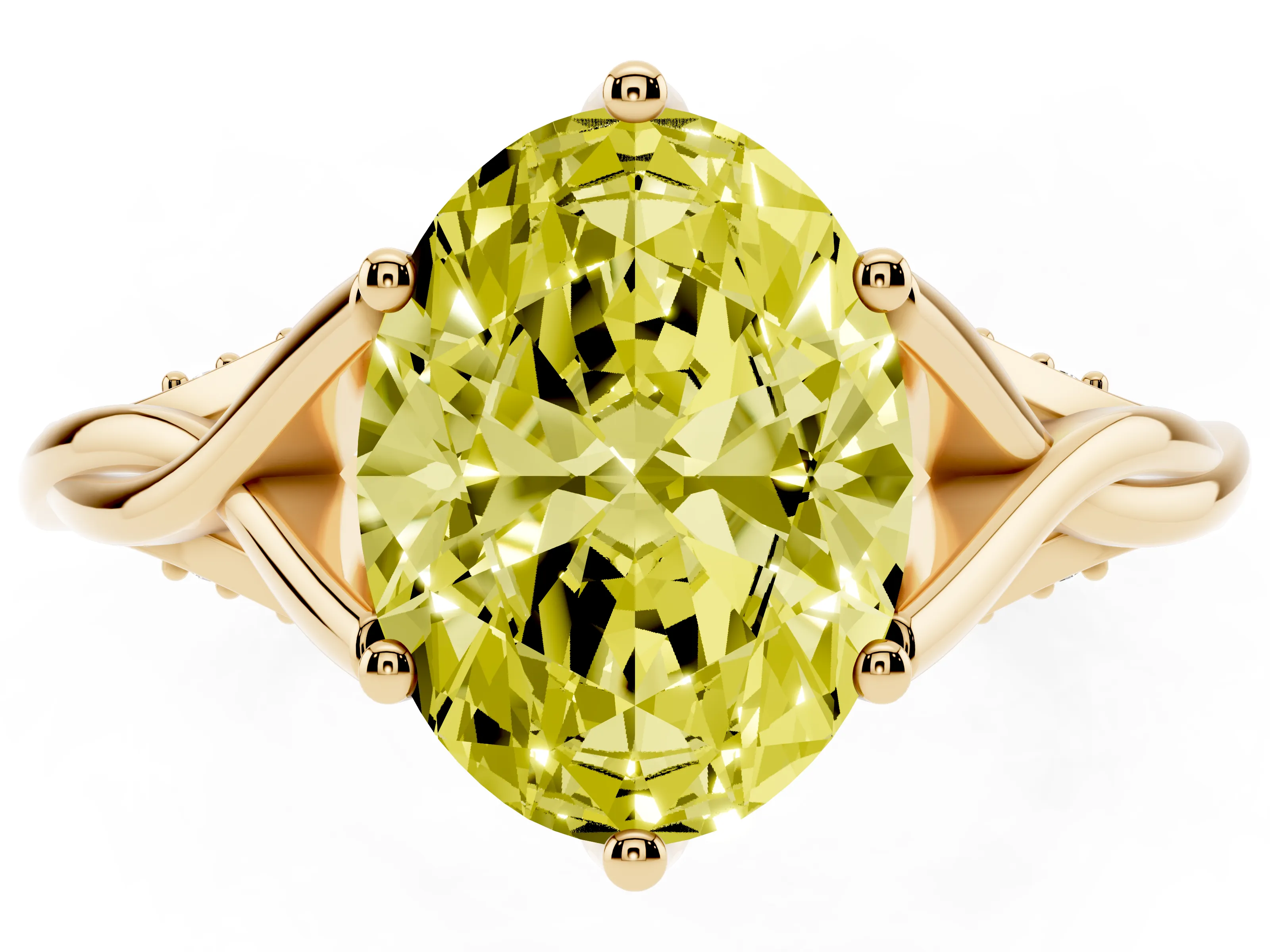 Fancy Yellow Oval Cut Diamond Intertwined Twist Band Solitaire Ring Set in Yellow gold with Prong Setting