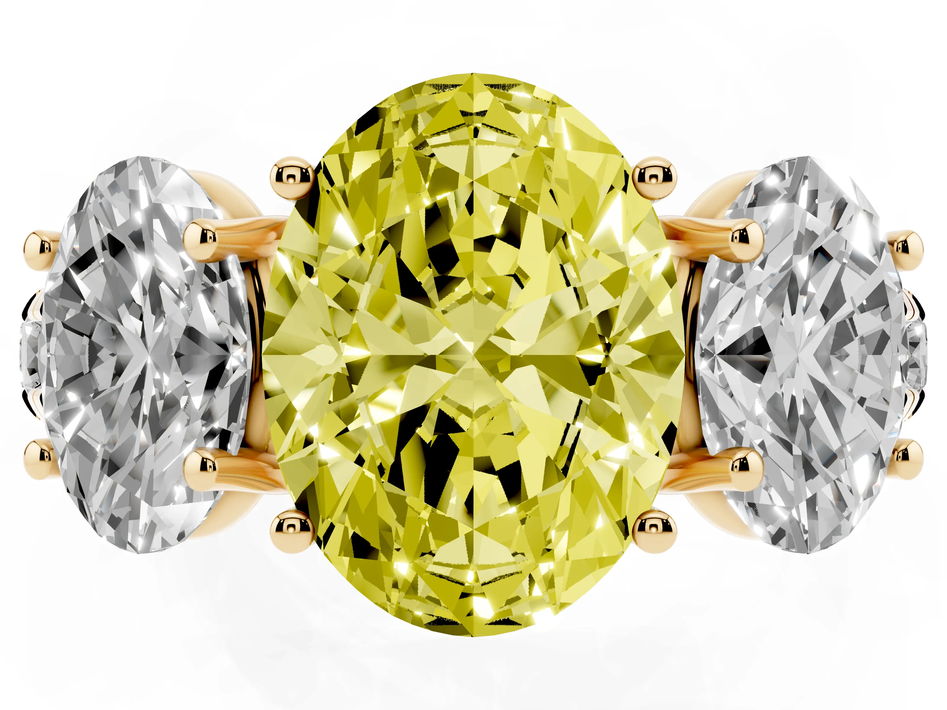 Fancy Yellow Oval Cut Diamond Three-Stone Ring Set in Yellow gold with Pavé Band