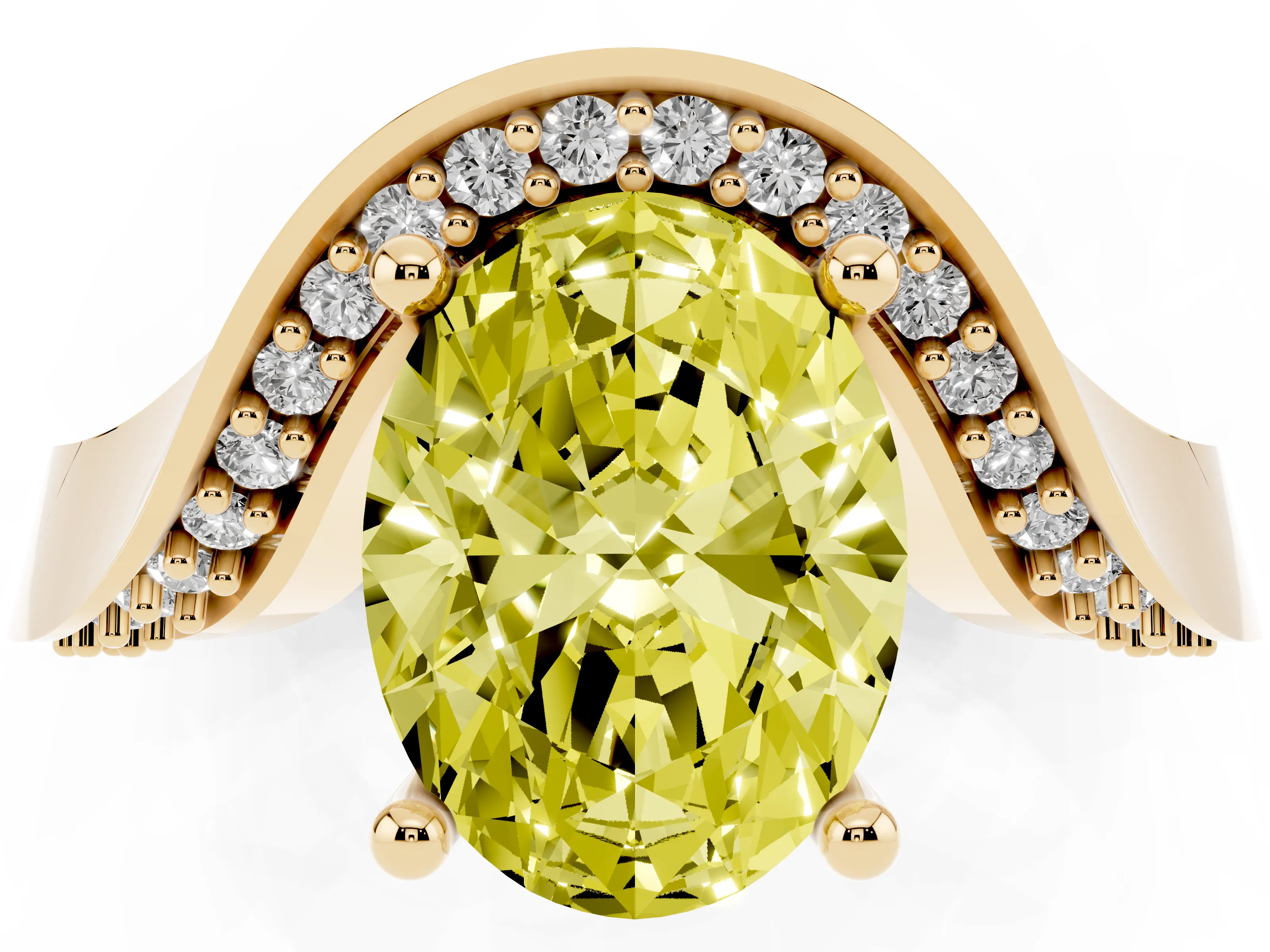Fancy Yellow Oval Cut Diamond Solitaire Engagement Ring Set in Yellow gold with Pavé Shoulders