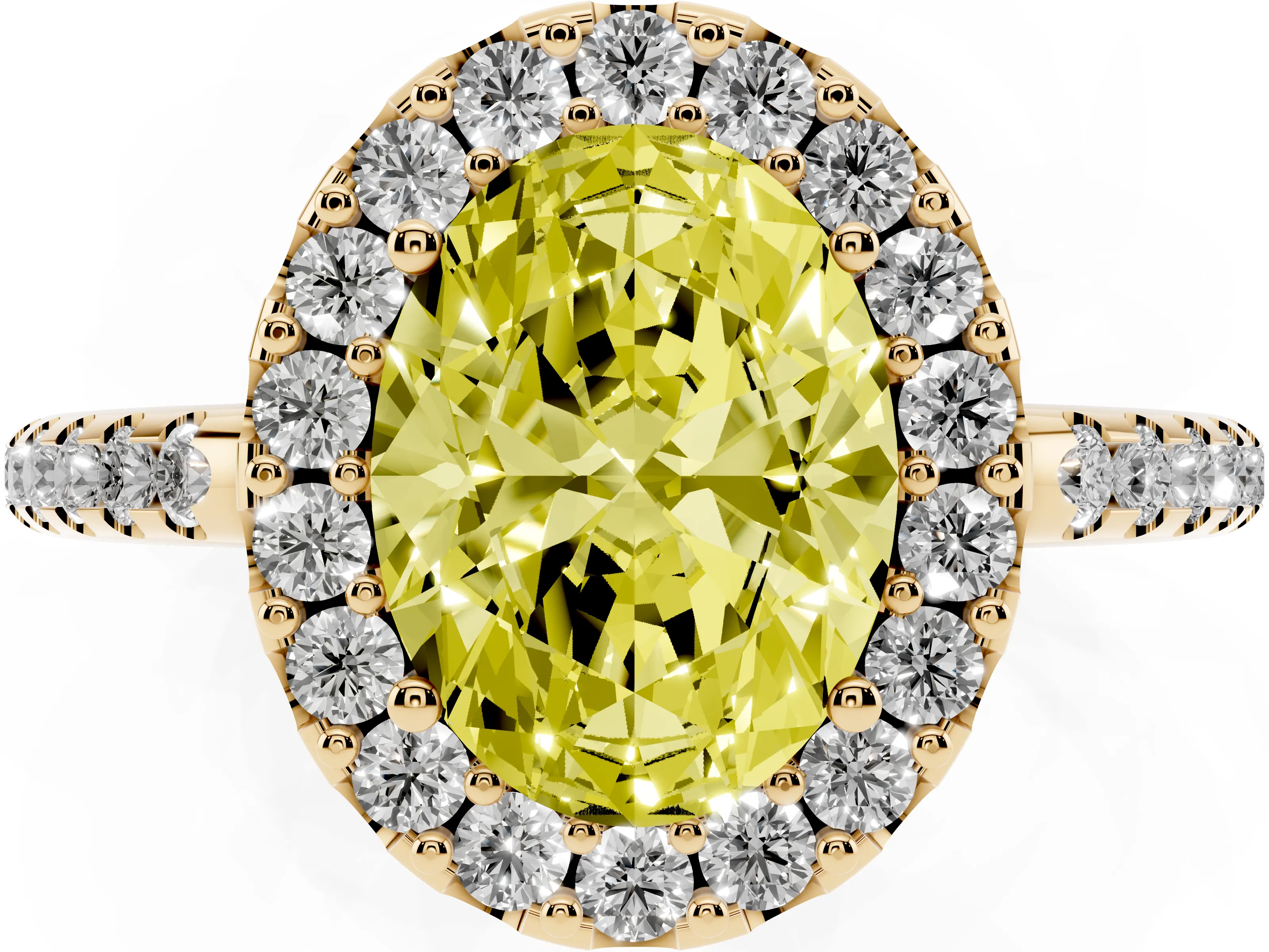 Fancy Yellow Oval Cut Diamond Pavé Halo Ring Set in Yellow gold with Prong Setting