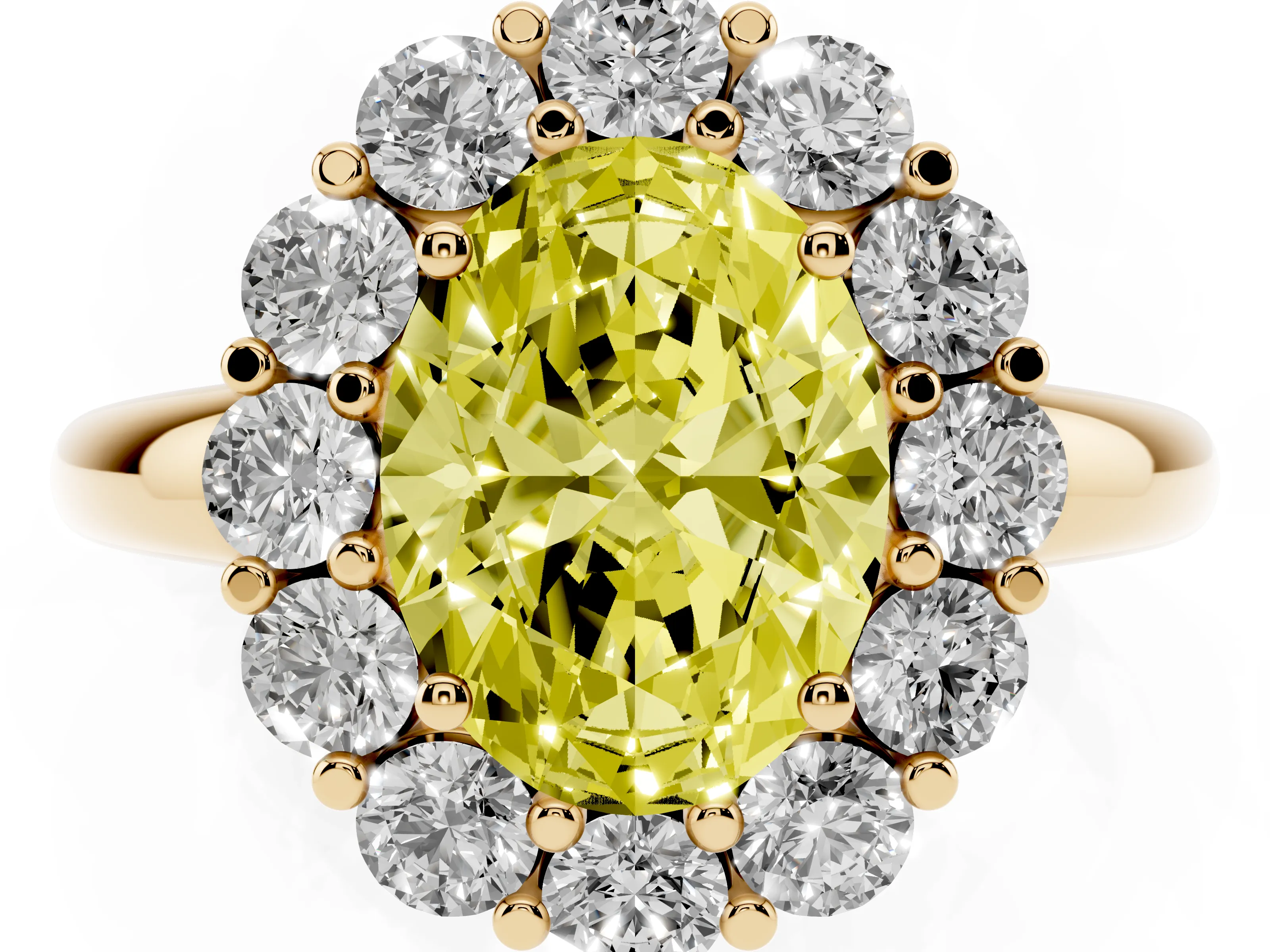 Fancy Yellow Oval Cut Diamond Halo Cluster Engagement Ring Set in Yellow gold with Polished Band and Prong Setting