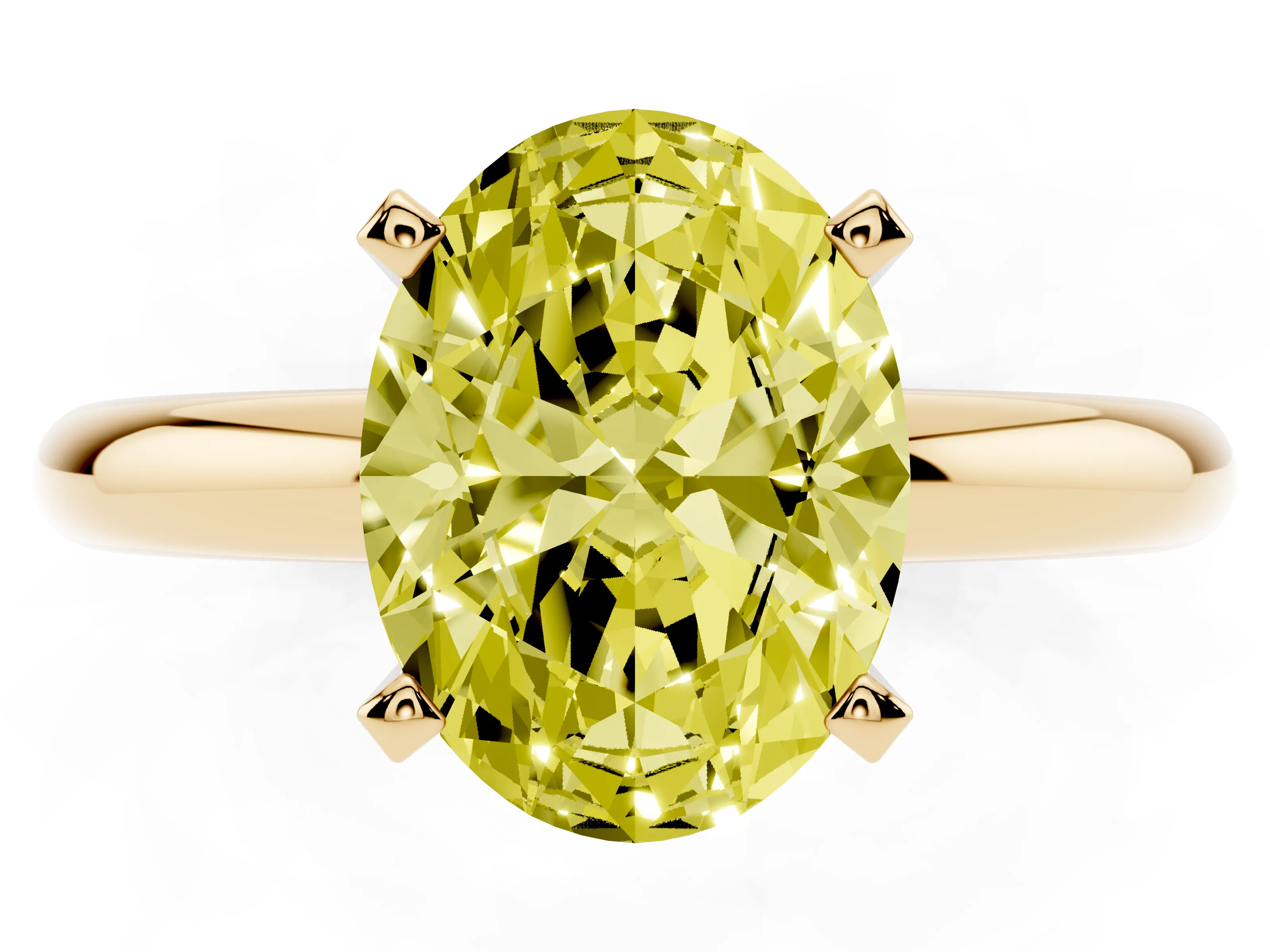 Fancy Yellow Oval Cut Diamond Solitaire Engagement Ring Set in Yellow gold with Round Band and Prong Setting