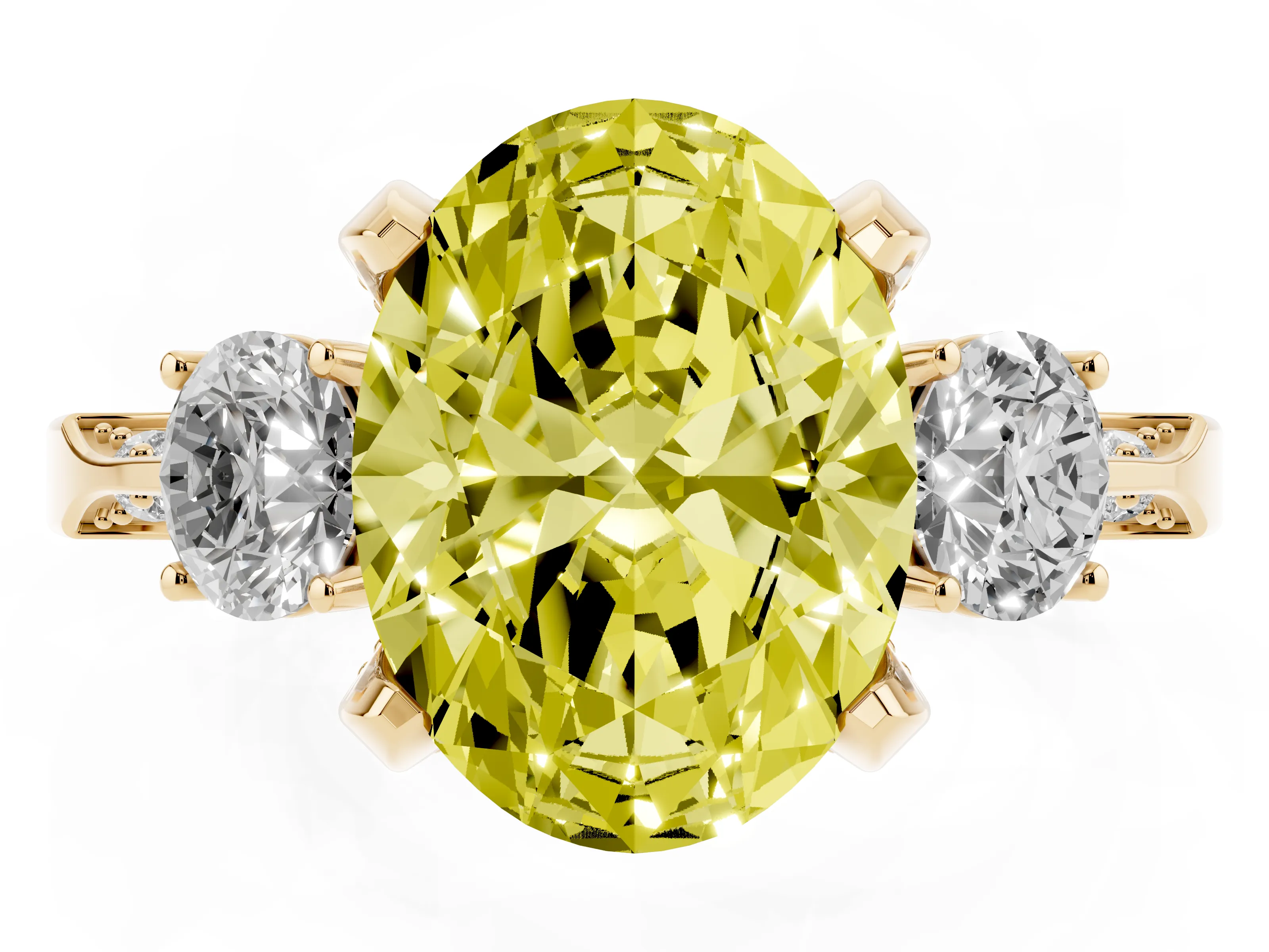 Fancy Yellow Oval Cut Diamond Three-Stone Ring Set in Yellow gold with Pavé Band and Smaller Side Stones