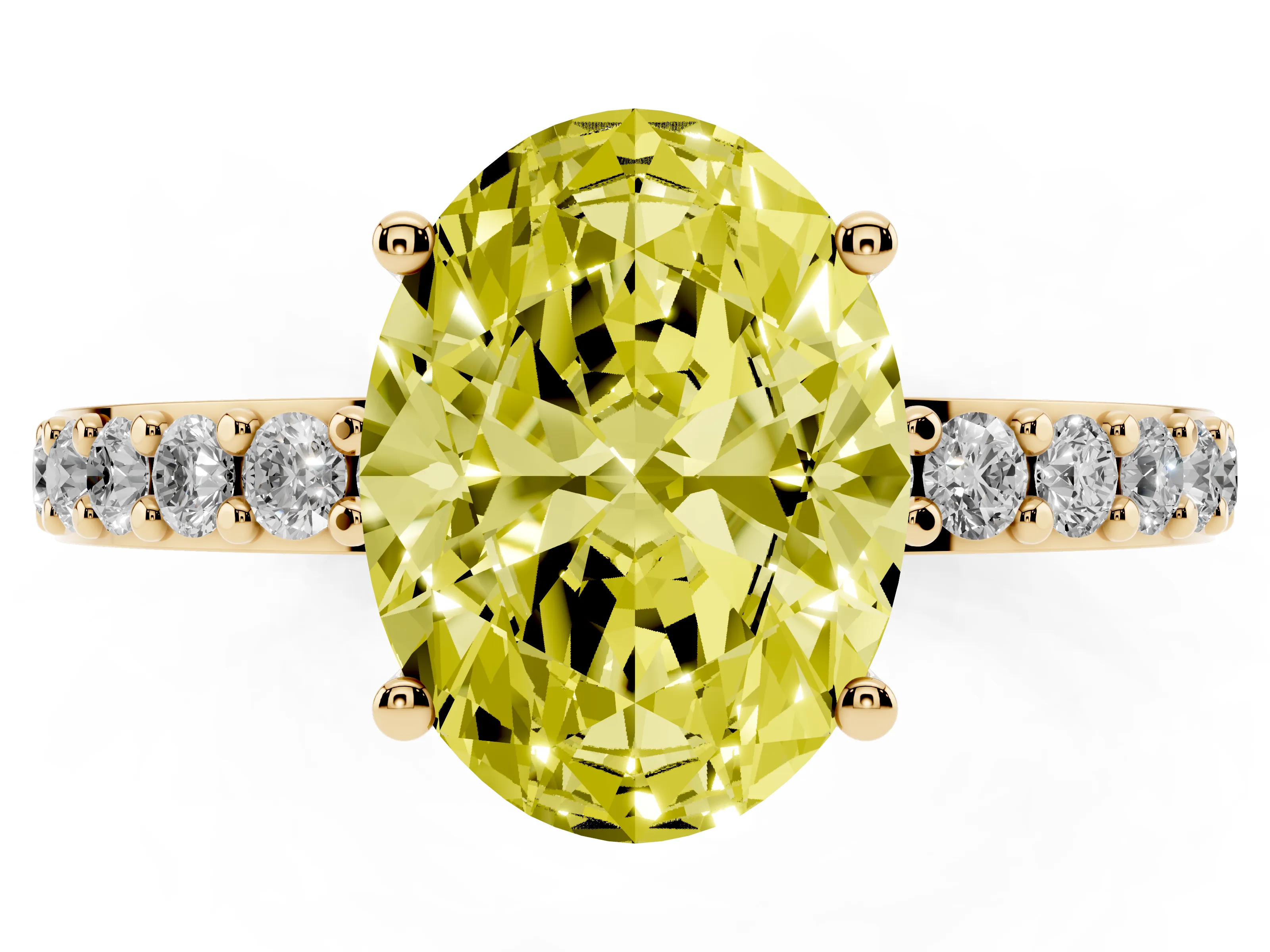 Fancy Yellow Oval Cut Diamond Solitaire Set in Yellow gold with Round Pavé Band and Prong Setting