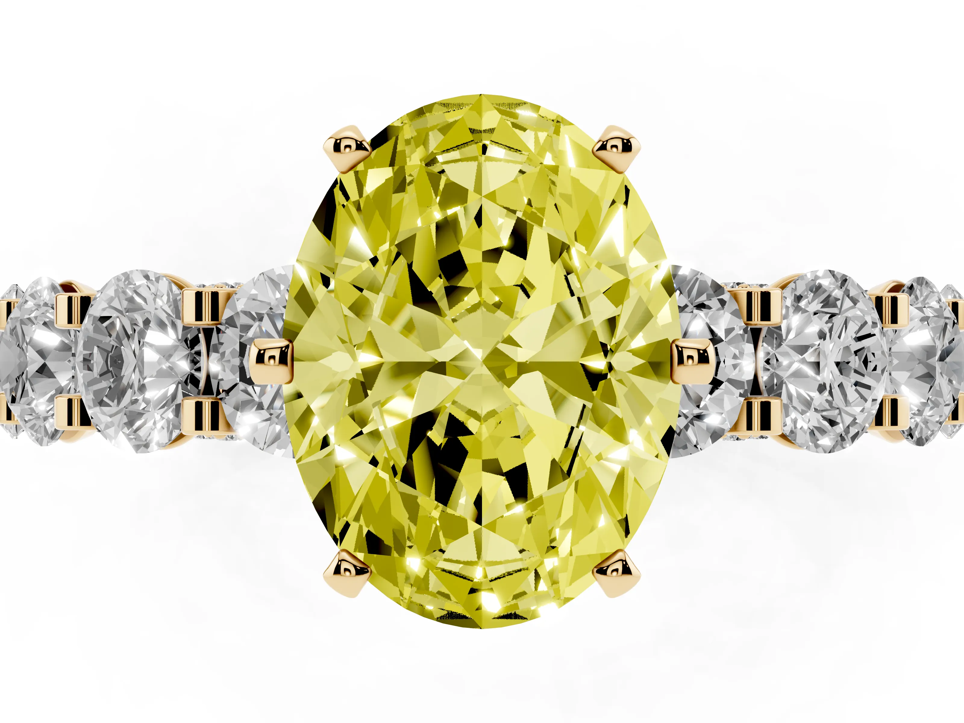 Fancy Yellow Oval Cut Diamond Side Stone Ring Set in Yellow gold with Alternating Round and Oval Side Stones
