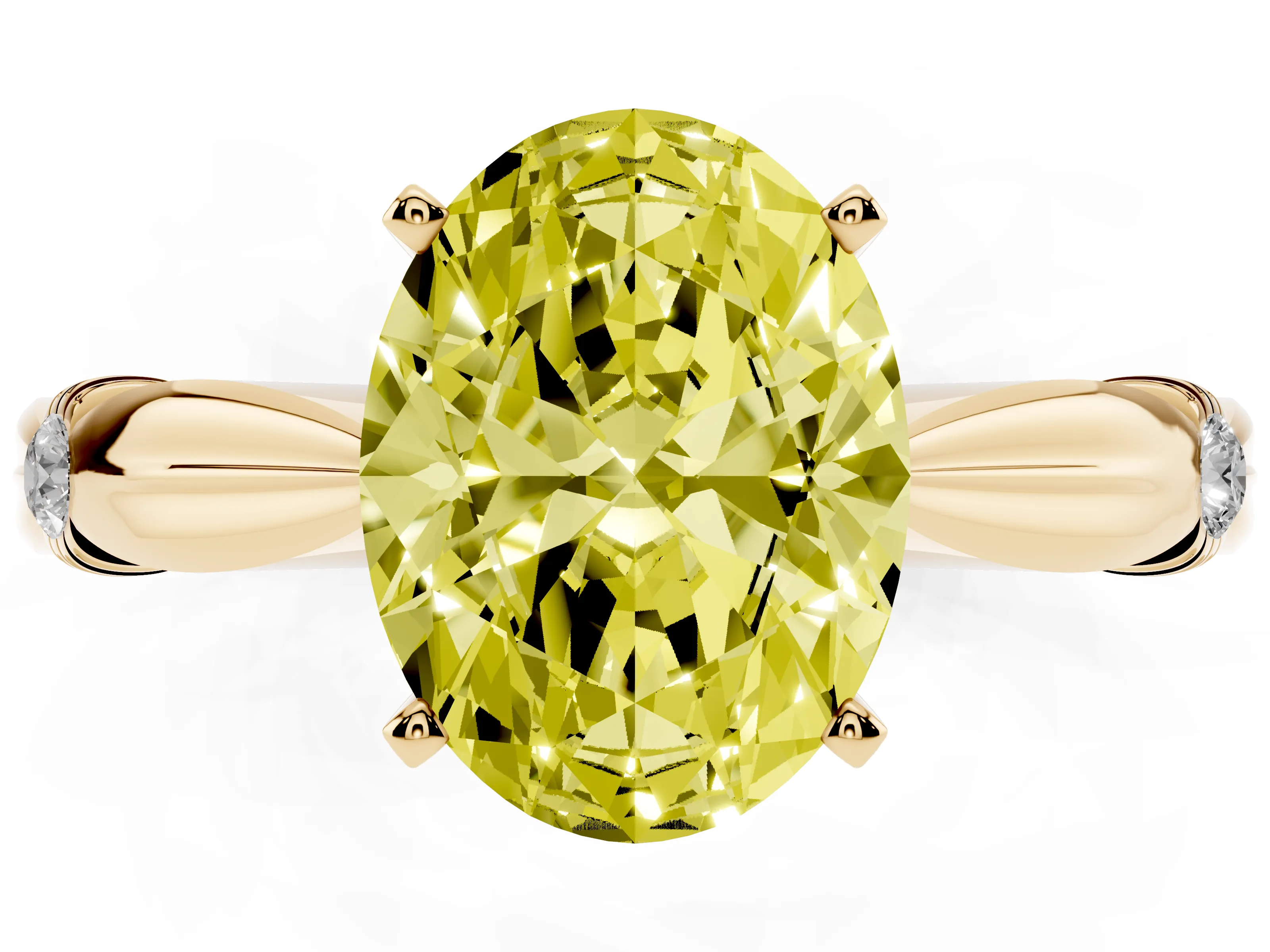 Fancy Yellow Oval Cut Diamond Solitaire Twisted Band Ring Set in Yellow gold with Accent Stones and Prong Setting