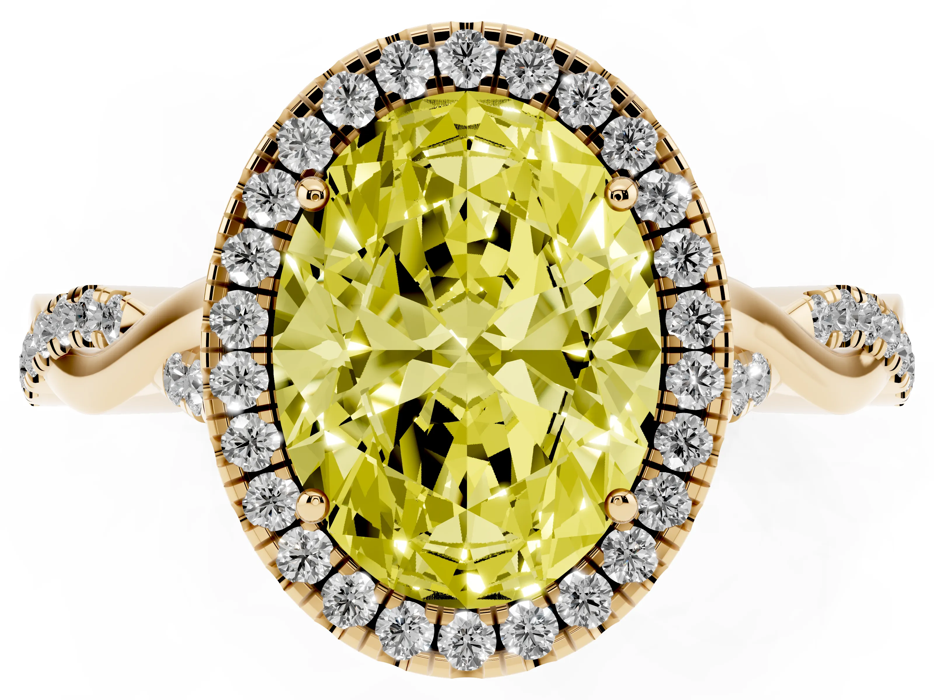 Fancy Yellow Oval Cut Diamond Halo Twist Band Solitaire Ring Set in Yellow gold with Prong Setting
