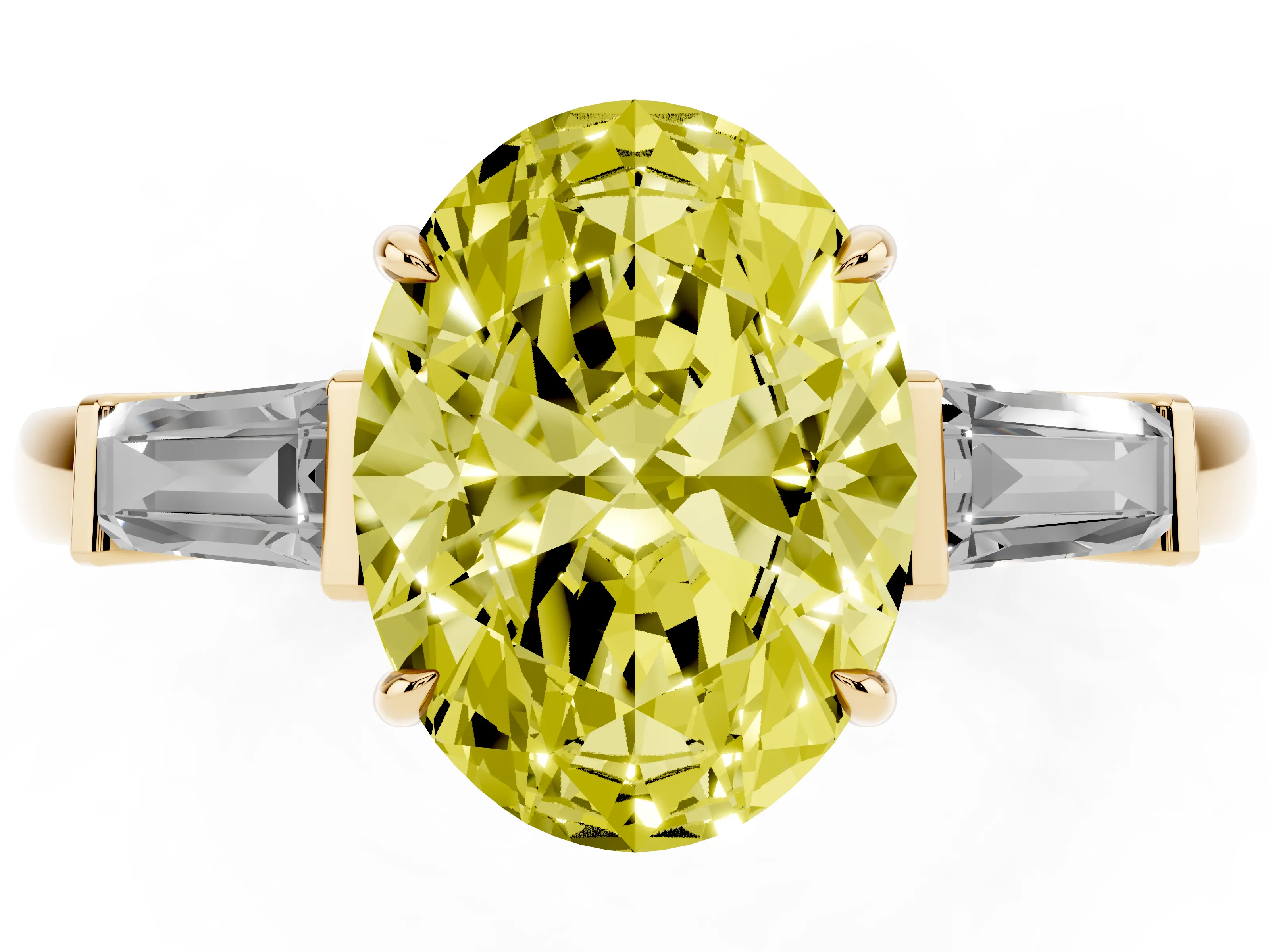 Fancy Yellow Oval Cut Diamond Three-Stone Ring Set in Yellow gold with Tapered Baguette Side Stones and Prong Setting
