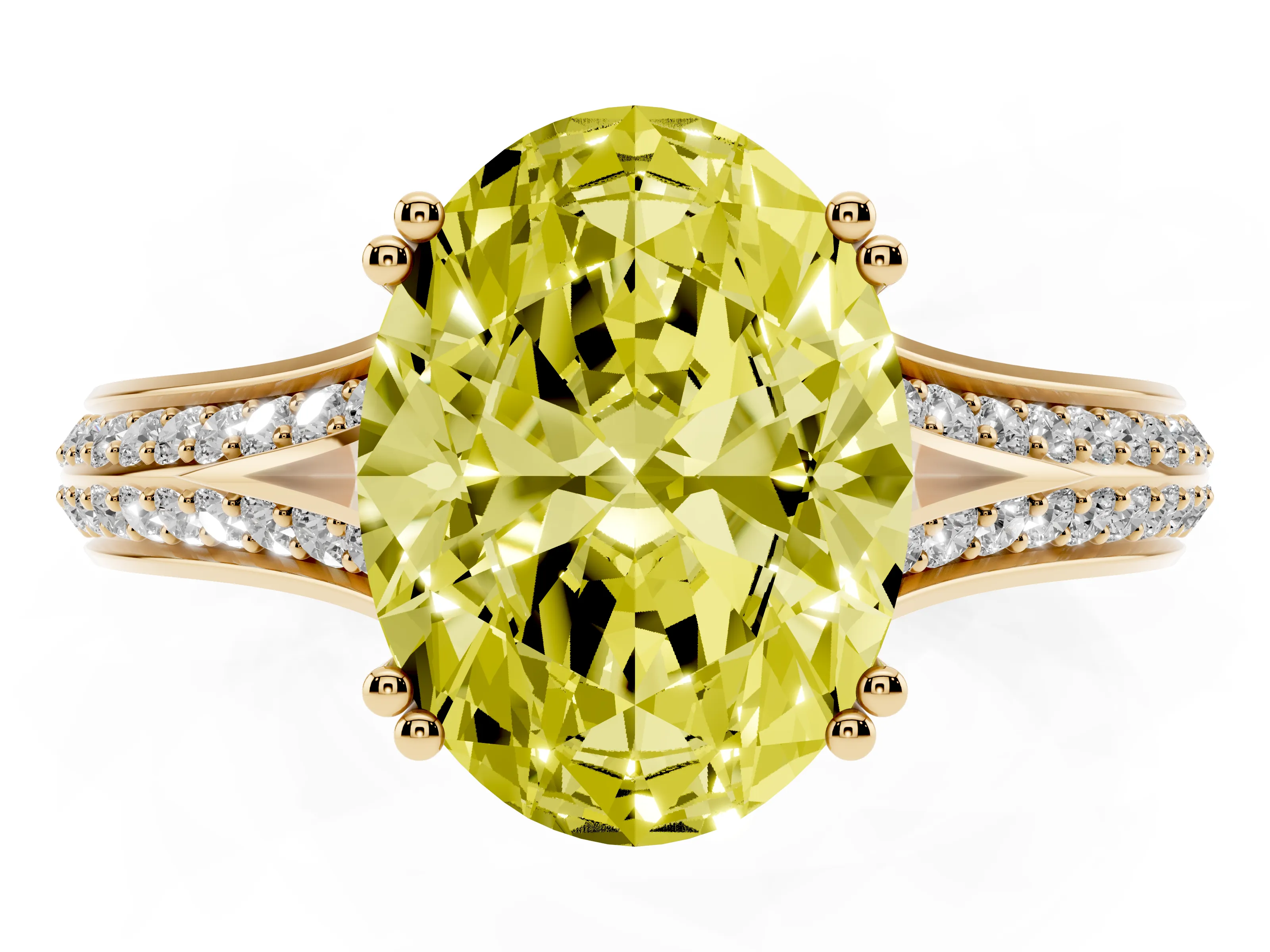Fancy Yellow Oval Cut Diamond Split Shank Pavé Engagement Ring Set in Yellow gold with Prong-Set Center Stone