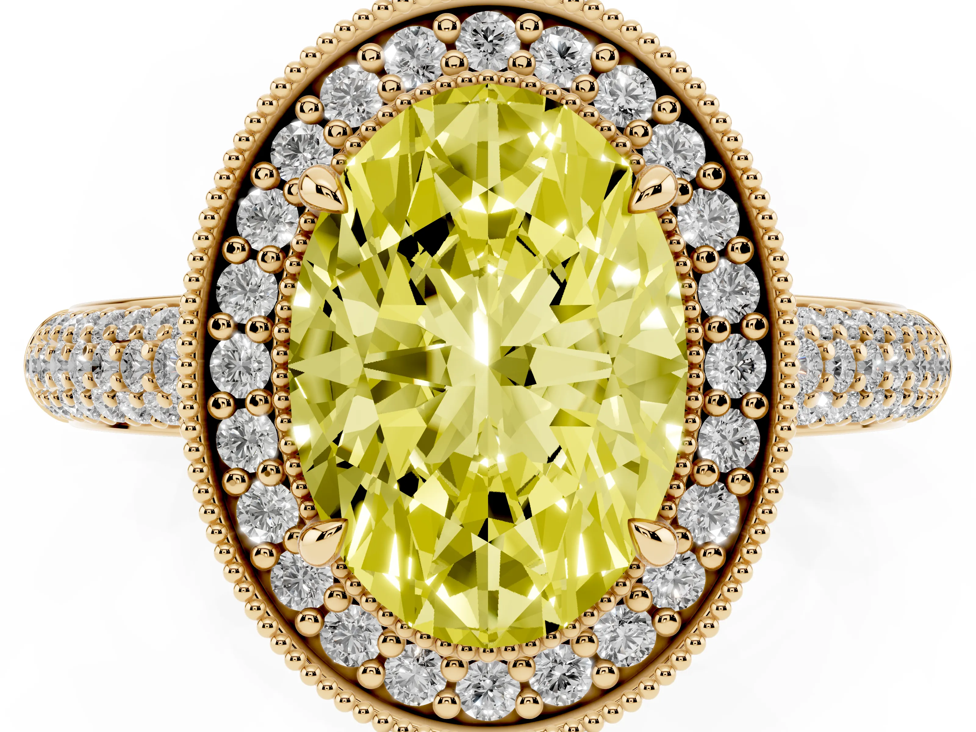 Fancy Yellow Oval Cut Diamond Halo Pavé Band Set in Yellow gold with Prong Setting