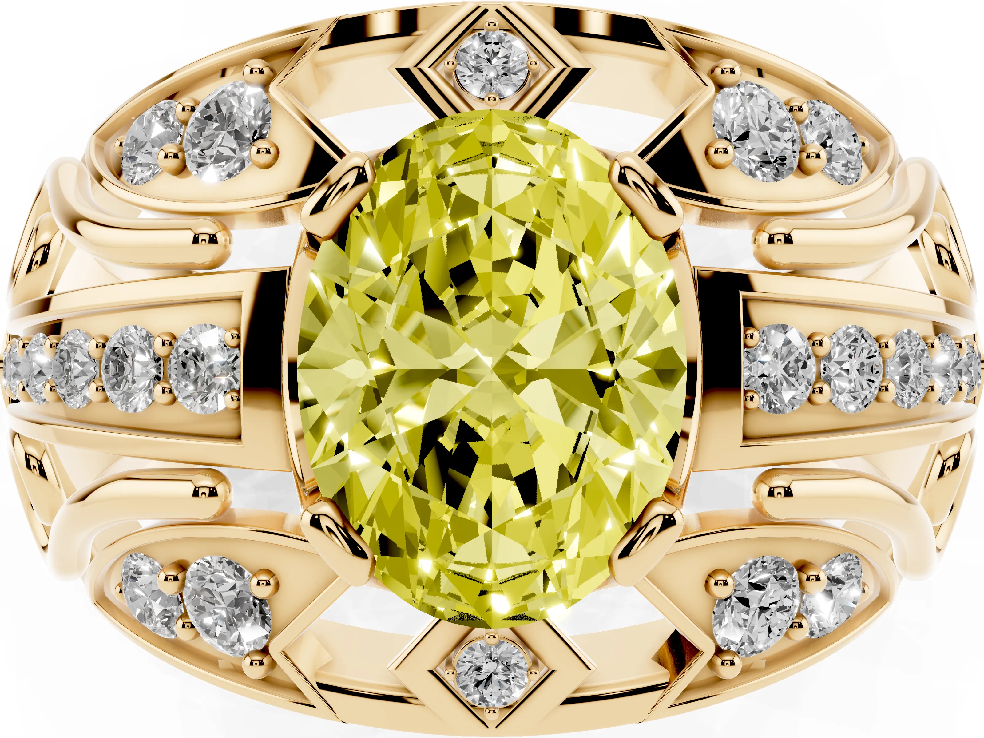 Fancy Yellow Oval Cut Diamond Art Deco Ring Set in Yellow gold with Pavé Split Shank